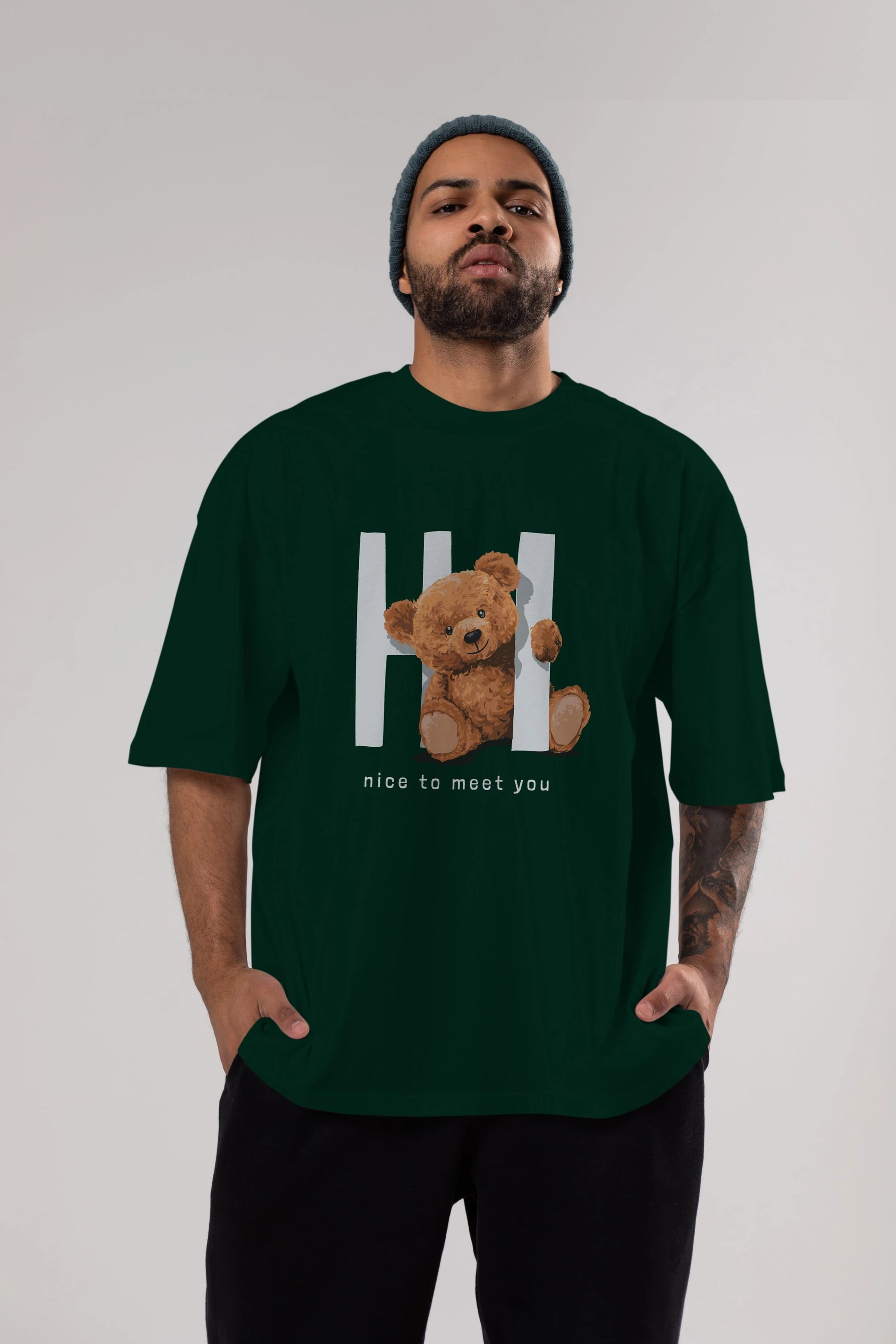Teddy Bear Hi Nice To Meet You Ön Baskılı Oversize t-shirt Erkek Kadın Unisex %100 Pamuk