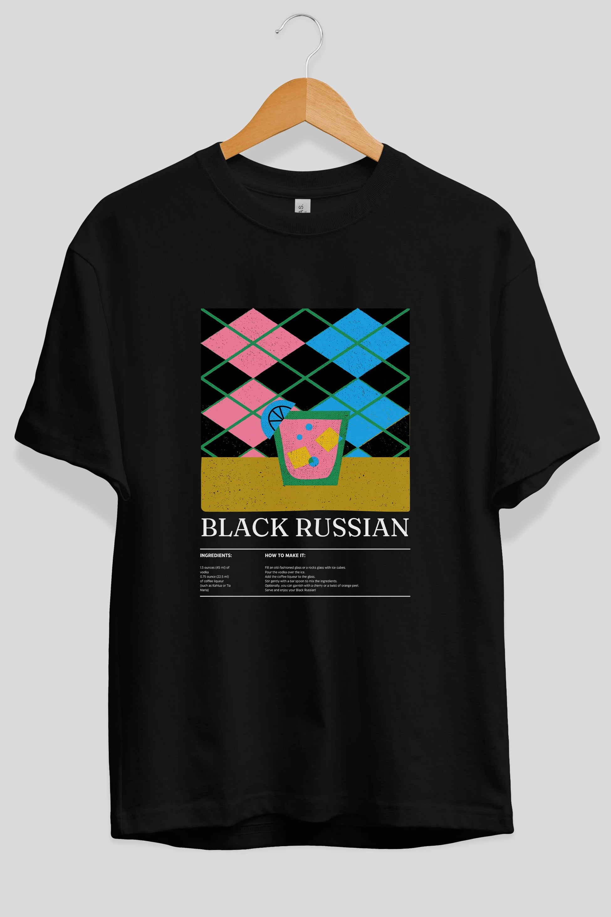 Black Russian Kokteyl Ön Baskılı Oversize t-shirt Erkek Kadın %100 Pamuk Bisiklet Yaka tişort