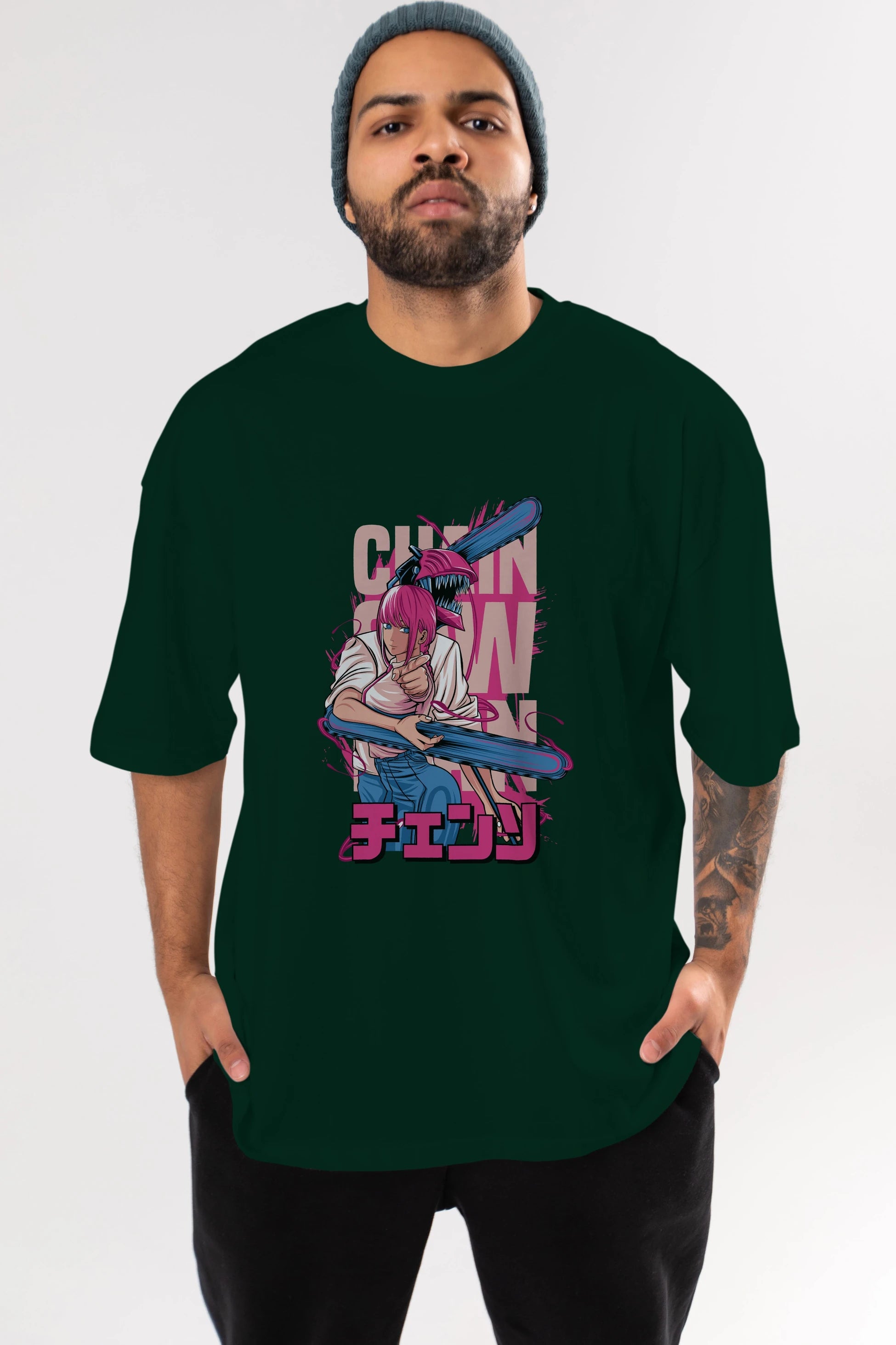 DENJI and MAKIMA Anime Ön Baskılı Oversize t-shirt %100 pamuk Erkek Kadın Unisex