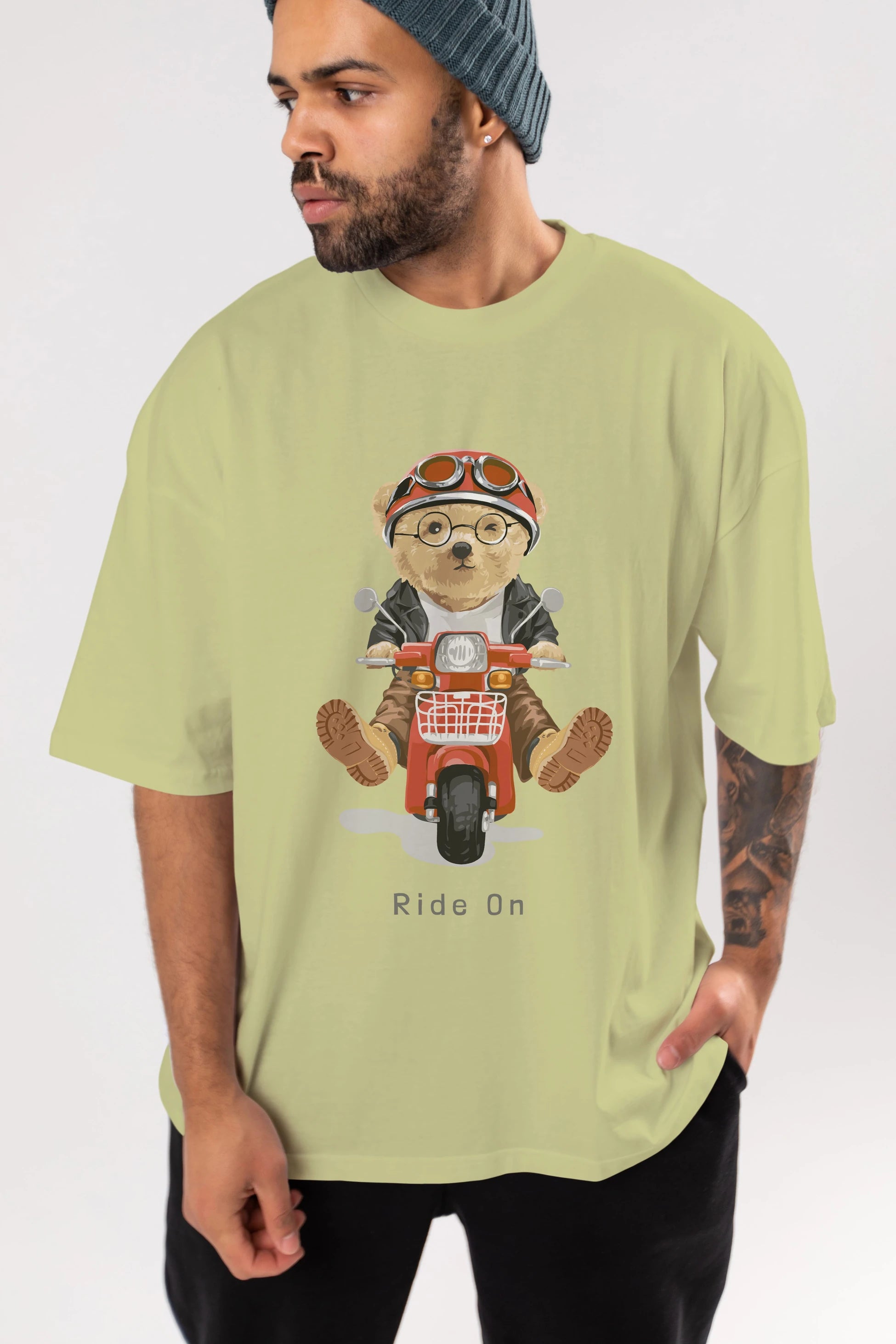 Teddy Bear Ride On Ön Baskılı Oversize t-shirt Erkek Kadın Unisex %100 Pamuk