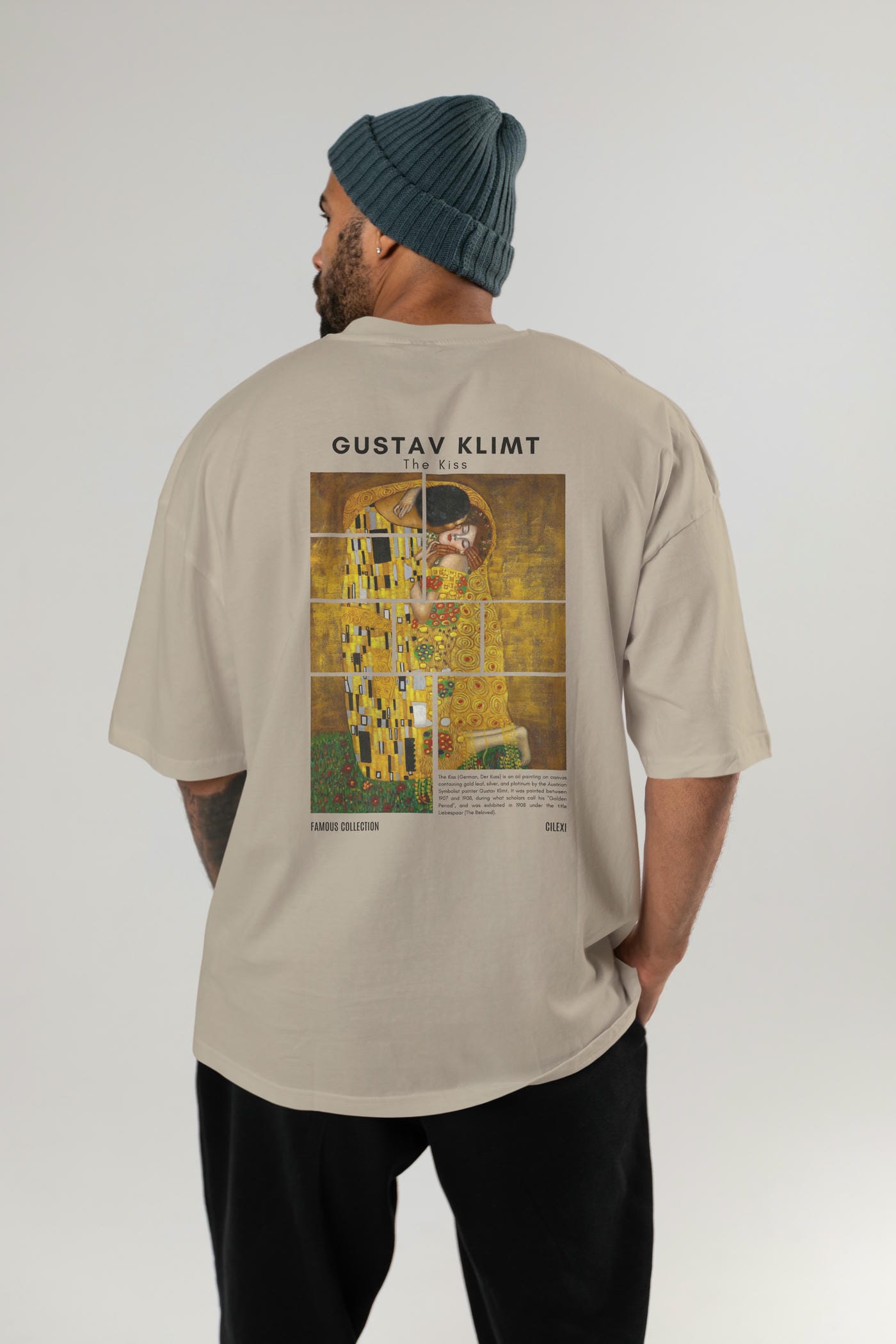 Gustav Klimt The Kiss Arka Baskılı Oversize t-shirt Erkek Kadın Bisiklet Yaka Pamuk tişort