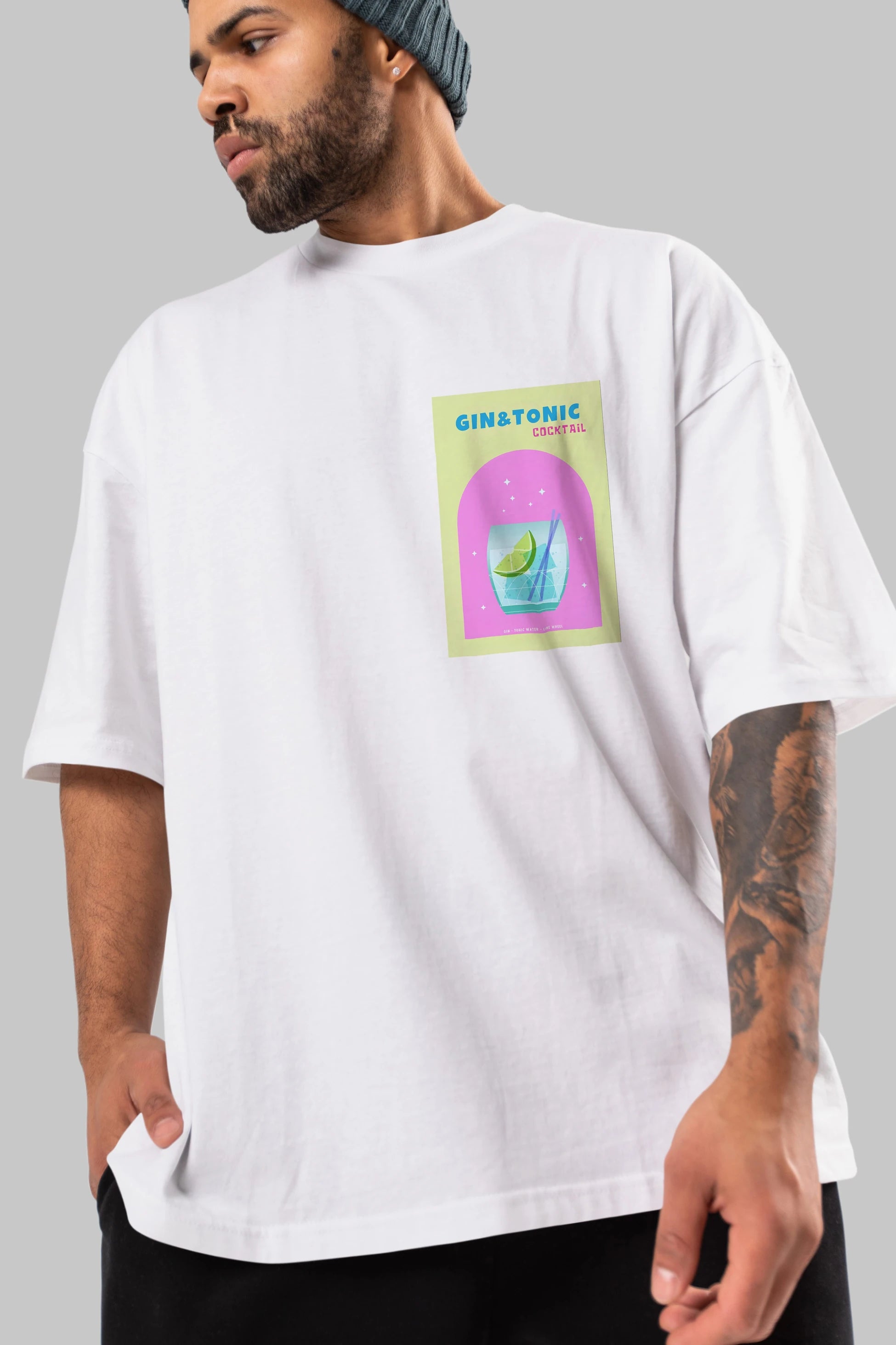 Gin Tonic Cocktail Ön Sol Baskılı Oversize t-shirt Erkek Kadın Unisex %100 Pamuk Bisiklet Yaka tişort