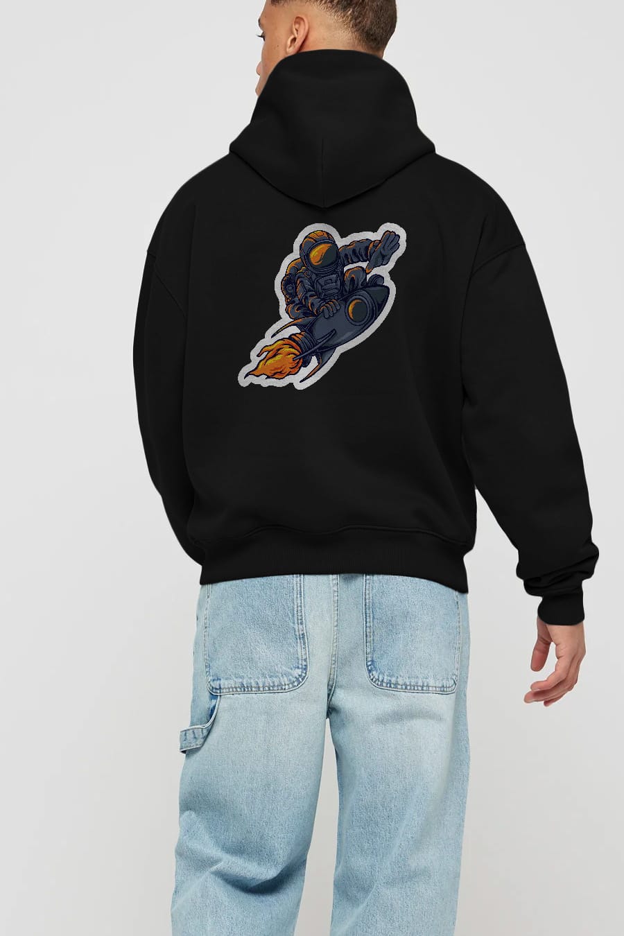 Astrocket Illustration Sticker Arka Baskılı Hoodie Oversize Kapüşonlu Sweatshirt Erkek Kadın Unisex