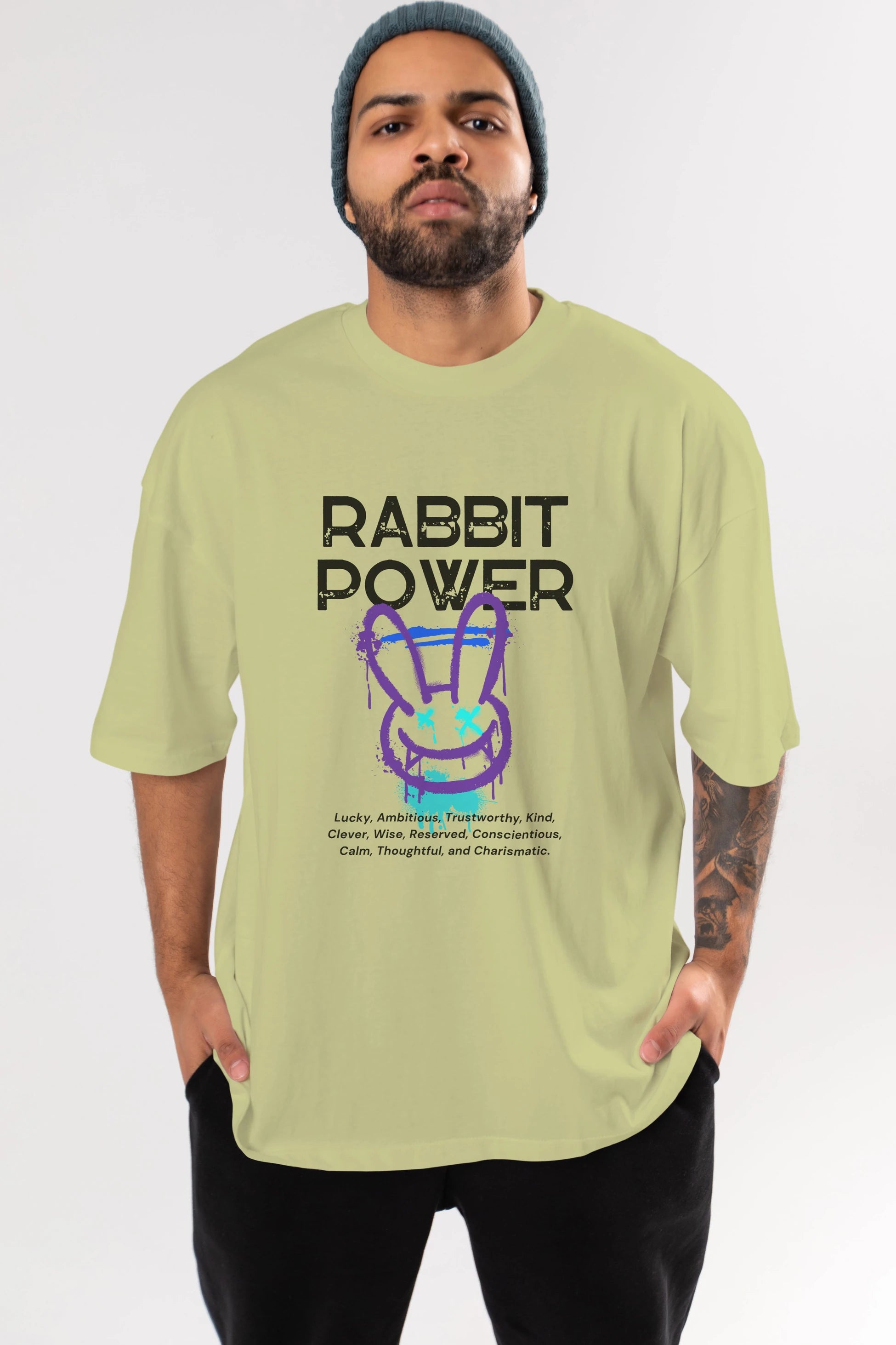 Rabbit Power Yazılı Ön Baskılı Oversize t-shirt Erkek Kadın Unisex