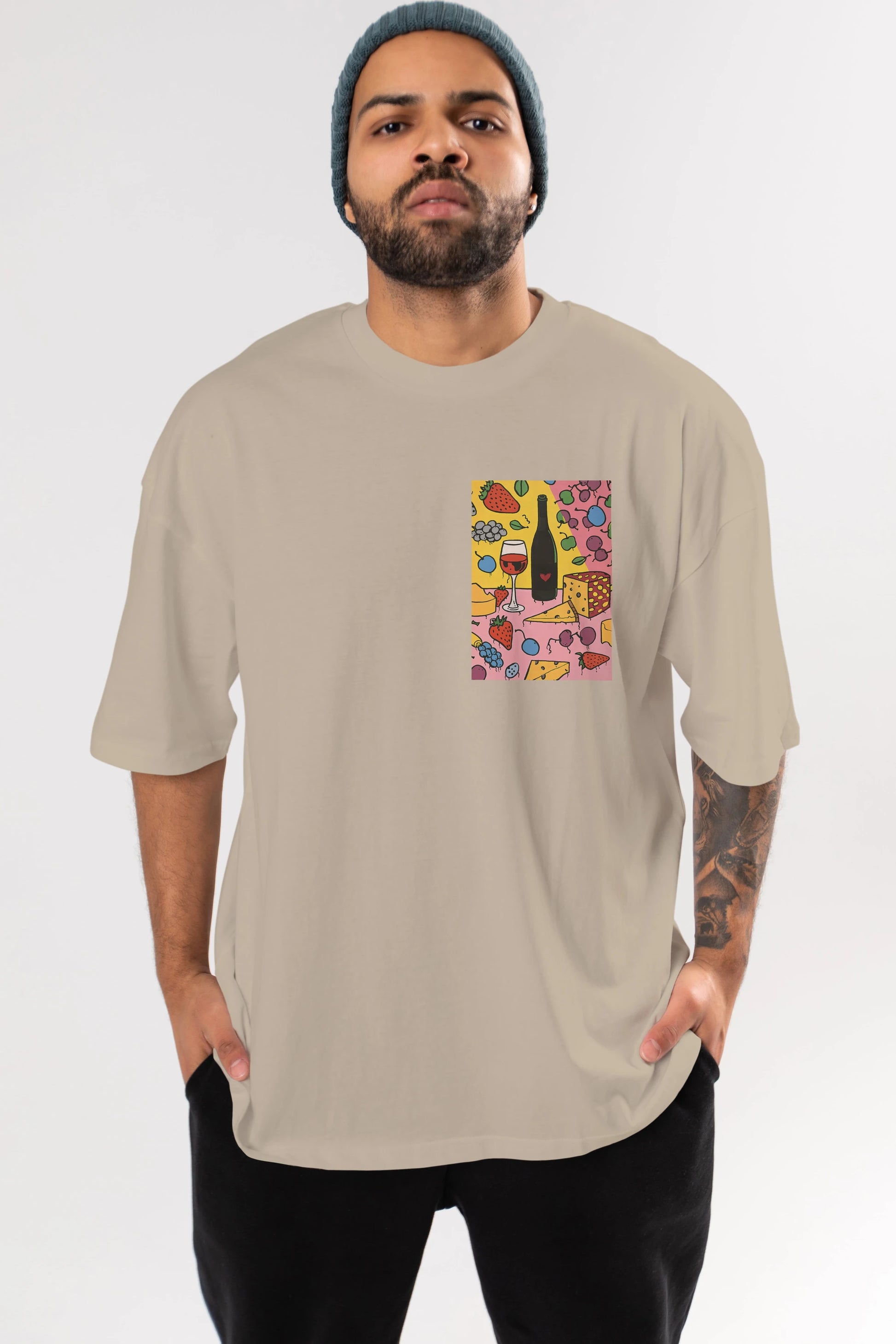Wine Cheese Fruits Ön Sol Baskılı Oversize t-shirt Erkek Kadın Unisex %100 Pamuk Bisiklet Yaka tişort