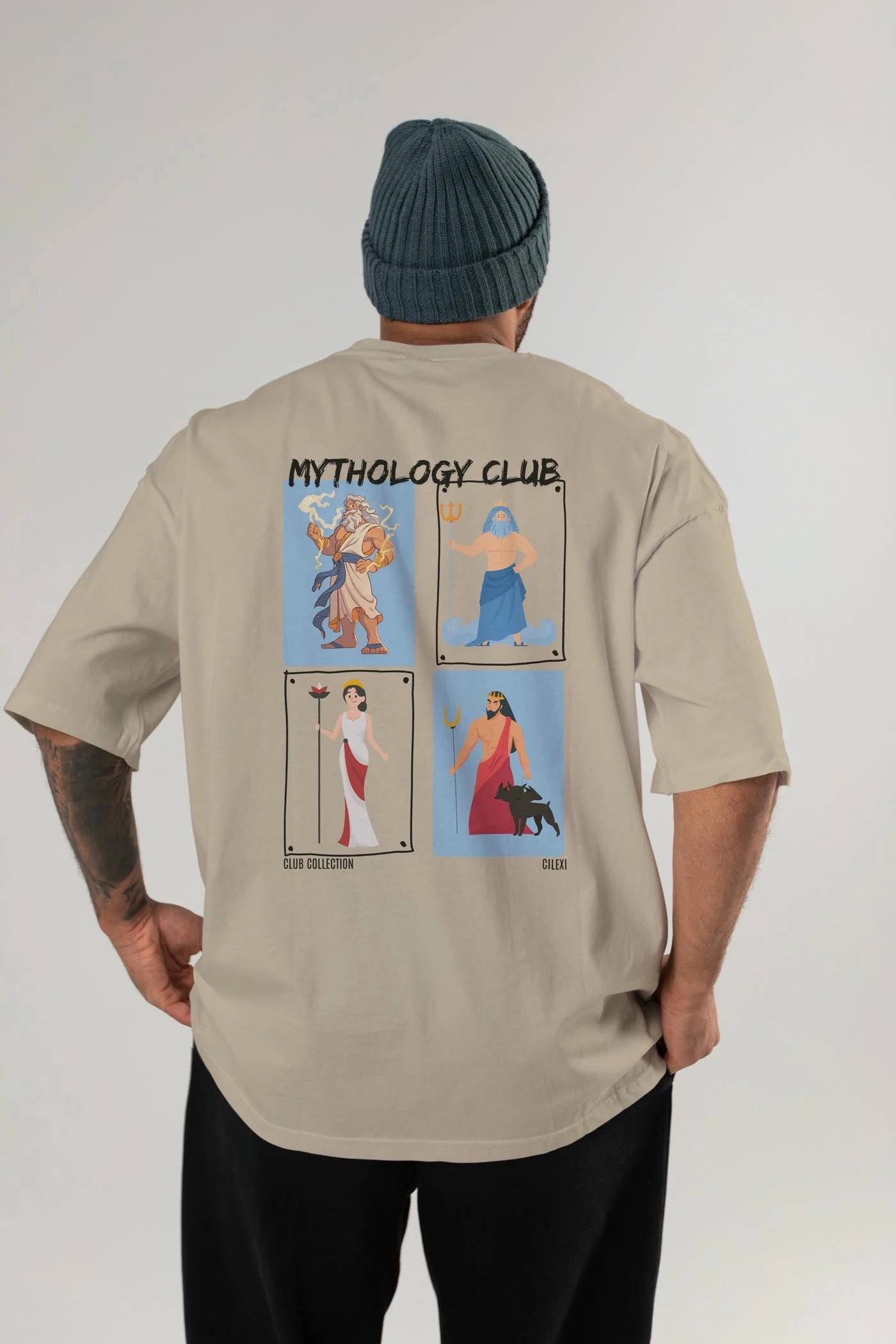 Mythology Club 2 Arka Baskılı Oversize t-shirt Erkek Kadın %100 Pamuk Bisiklet Yaka tişort
