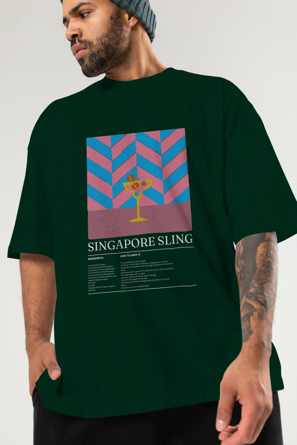 Sıngapore Sling Kokteyl Ön Baskılı Oversize t-shirt Erkek Kadın %100 Pamuk Bisiklet Yaka tişort