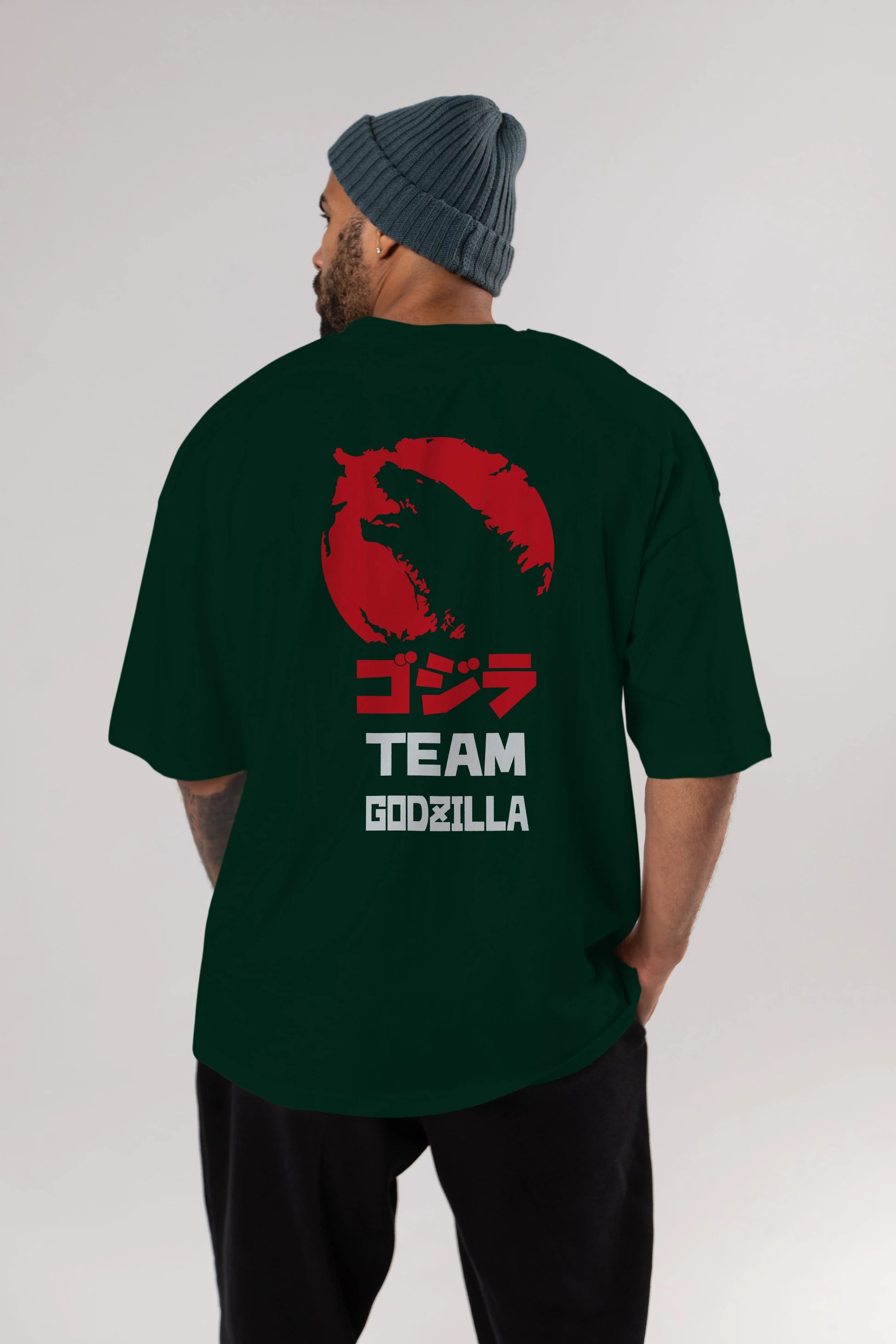 Team Godzilla Arka Baskılı Oversize t-shirt Erkek Kadın Unisex %100 Pamuk Bisiklet Yaka tişort