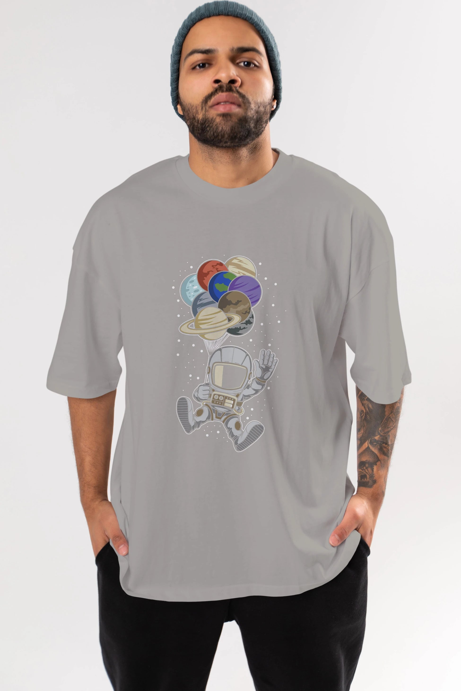 Astronaut Baloon Planets Ön Baskılı Oversize t-shirt Erkek Kadın Unisex
