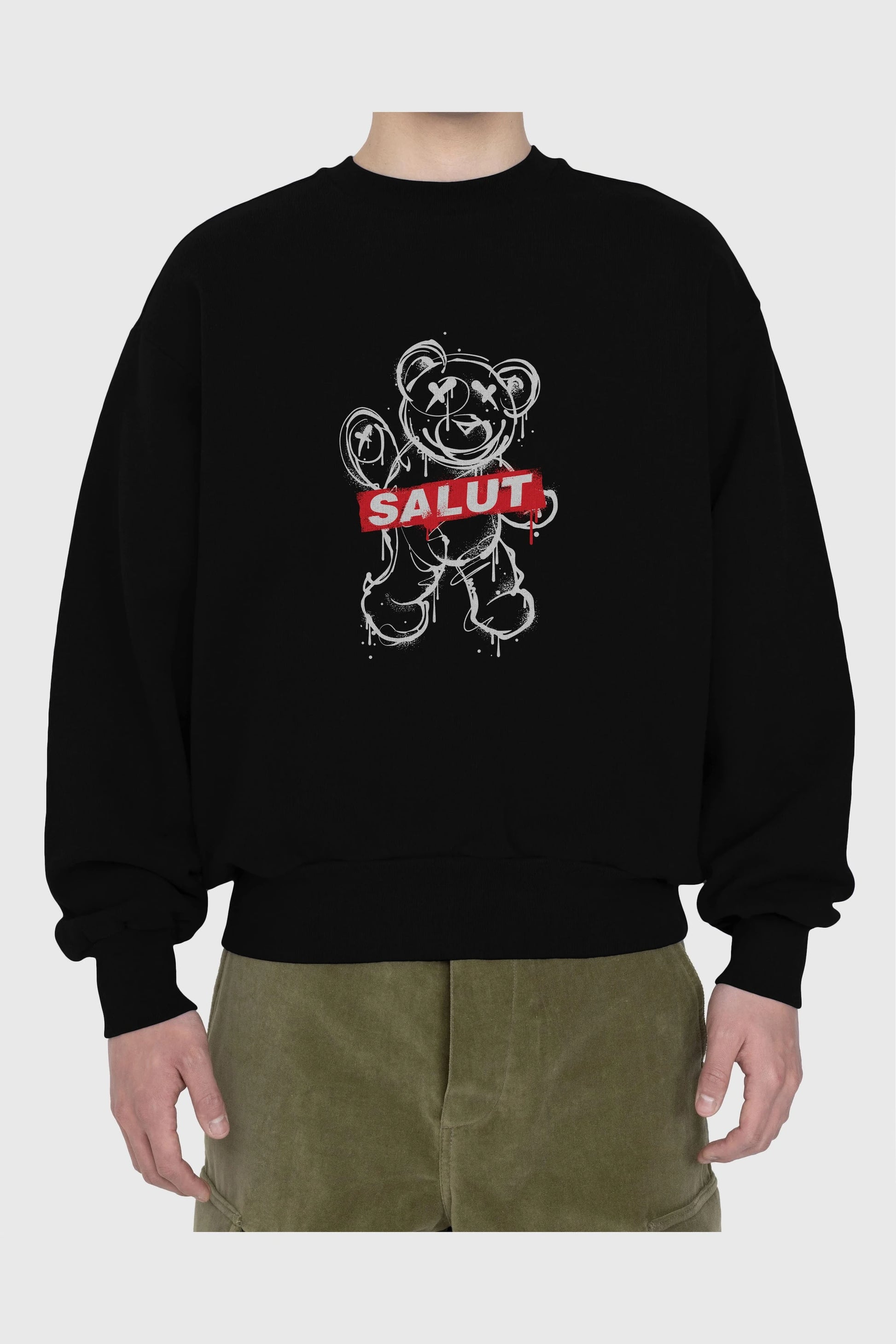 Teddy Bear Salut Ön Baskılı Oversize Sweatshirt Erkek Kadın Unisex