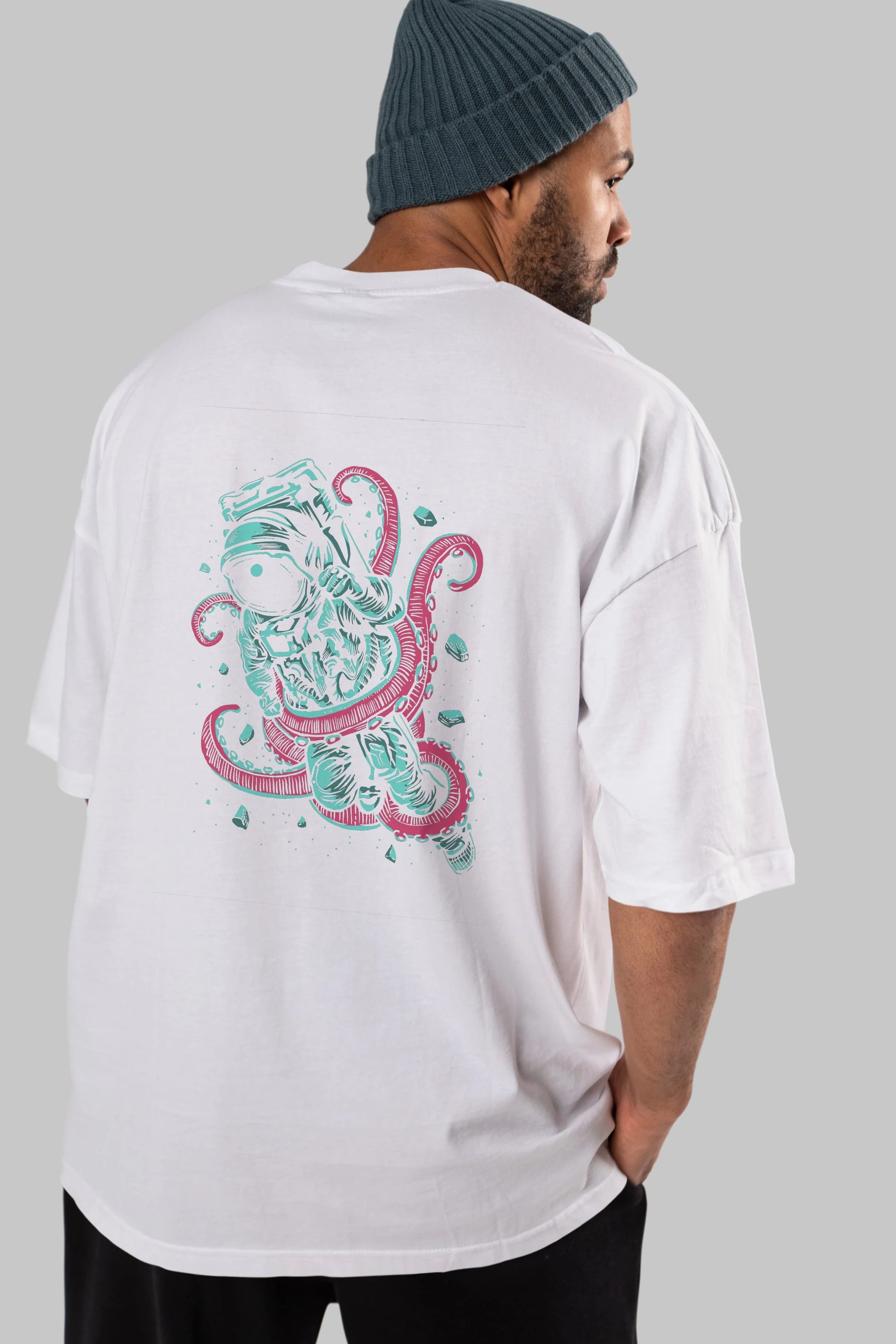 Astronaut Octopus Arka Baskılı Oversize t-shirt Erkek Kadın Unisex %100 Pamuk