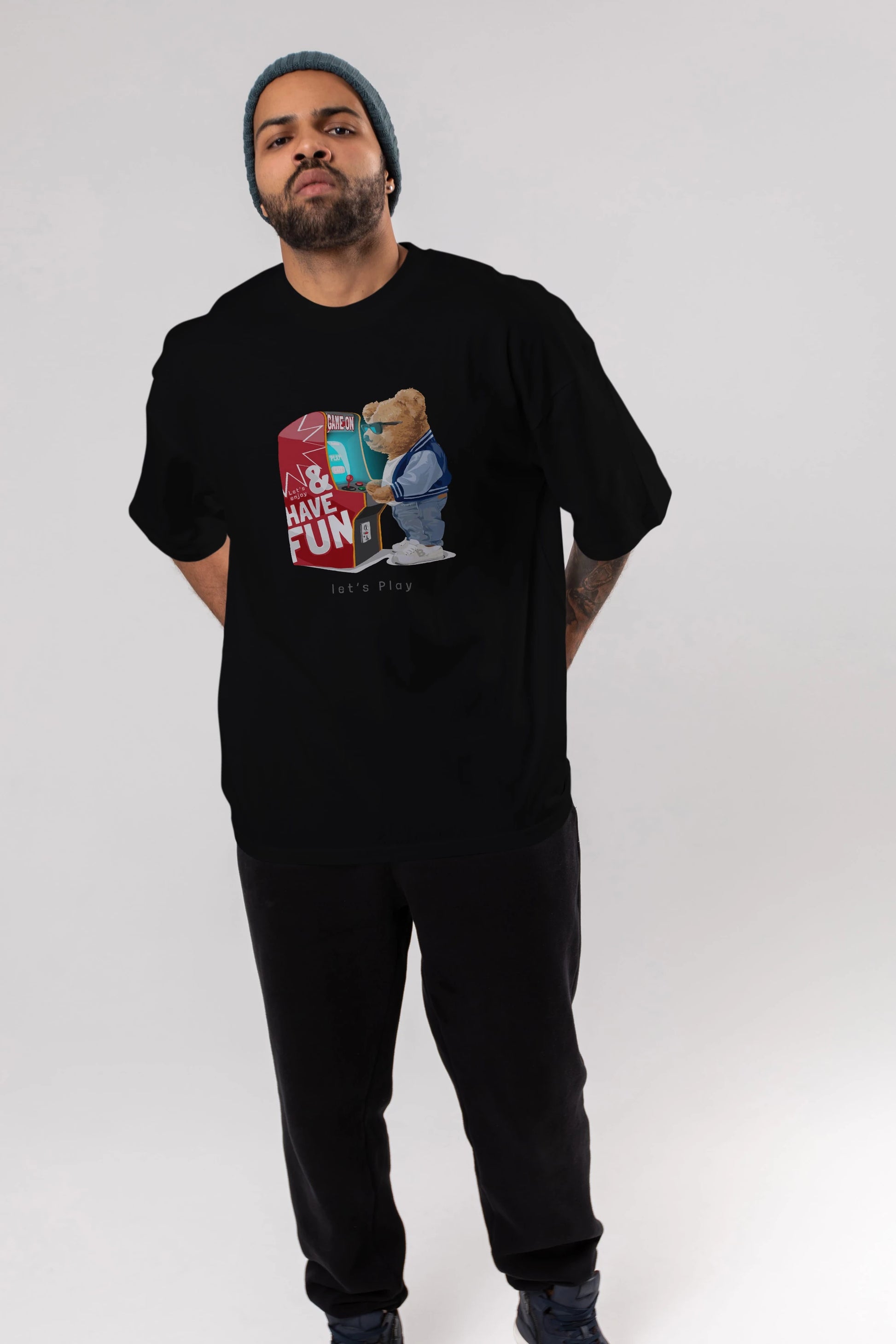 Teddy Bear Lets Play Ön Baskılı Oversize t-shirt Erkek Kadın Unisex %100 Pamuk