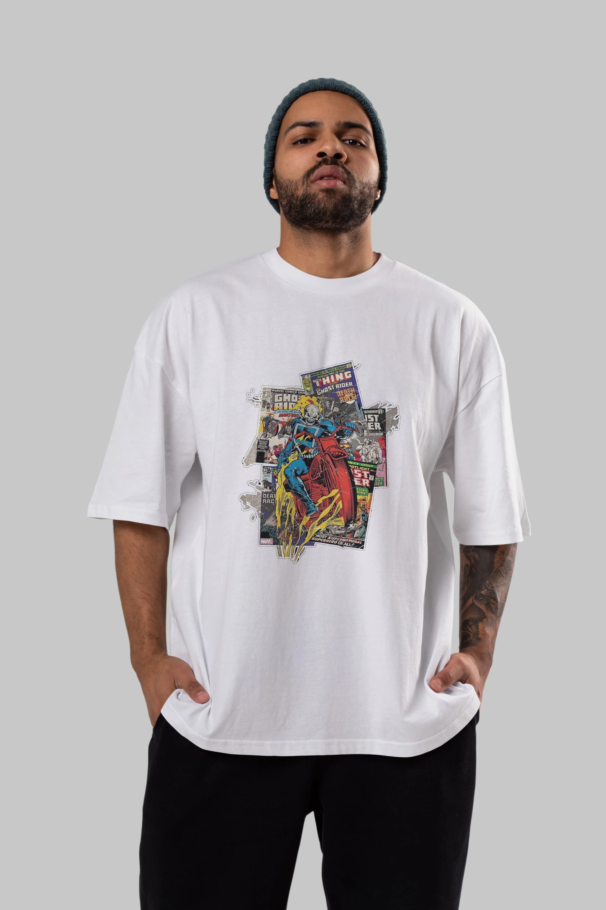 Ghost Rider Ön Baskılı Oversize t-shirt Erkek Kadın Unisex %100 Pamuk Bisiklet Yaka tişort