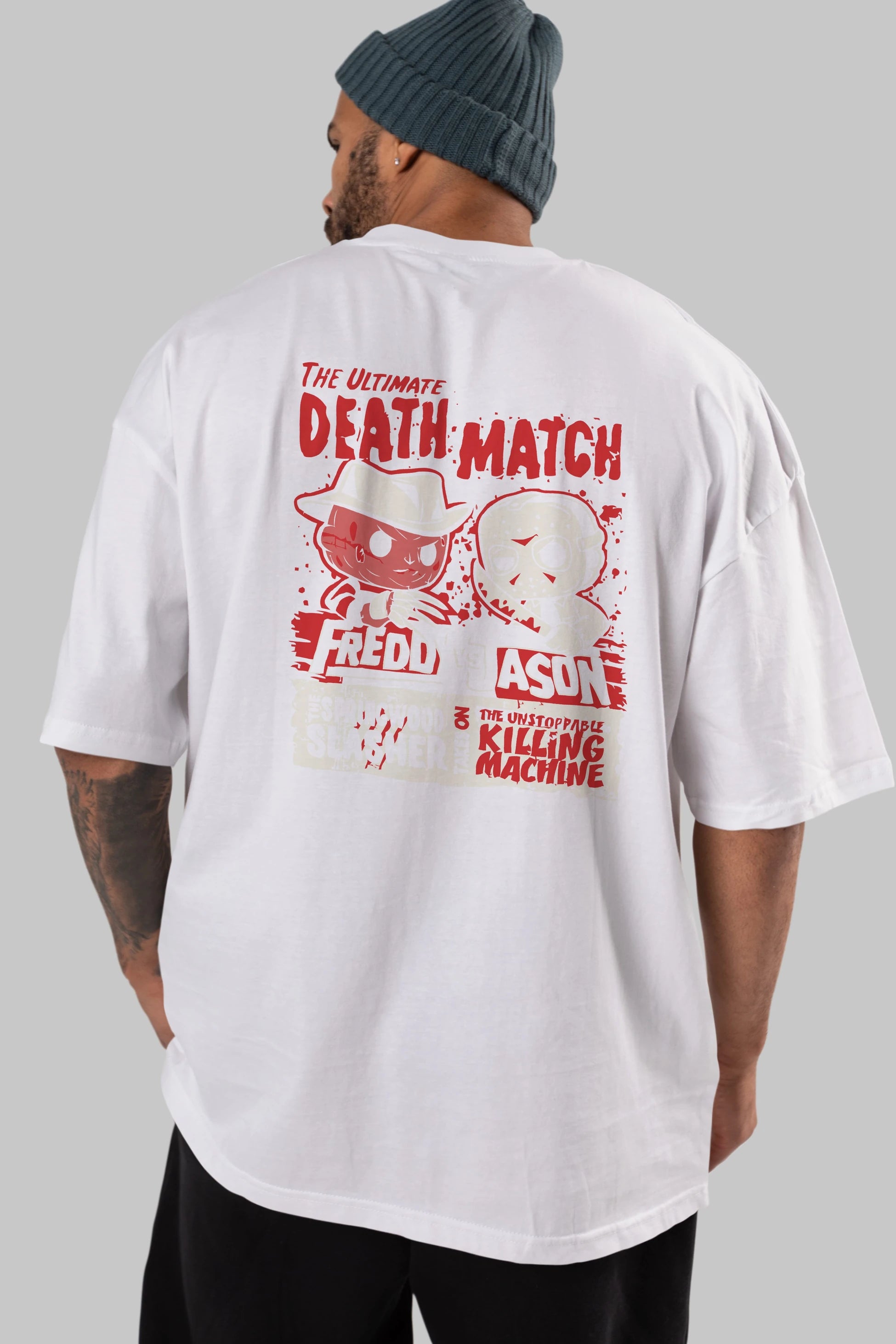 Freddy vs Jason Arka Baskılı Oversize t-shirt Erkek Kadın Unisex %100 Pamuk Bisiklet Yaka tişort