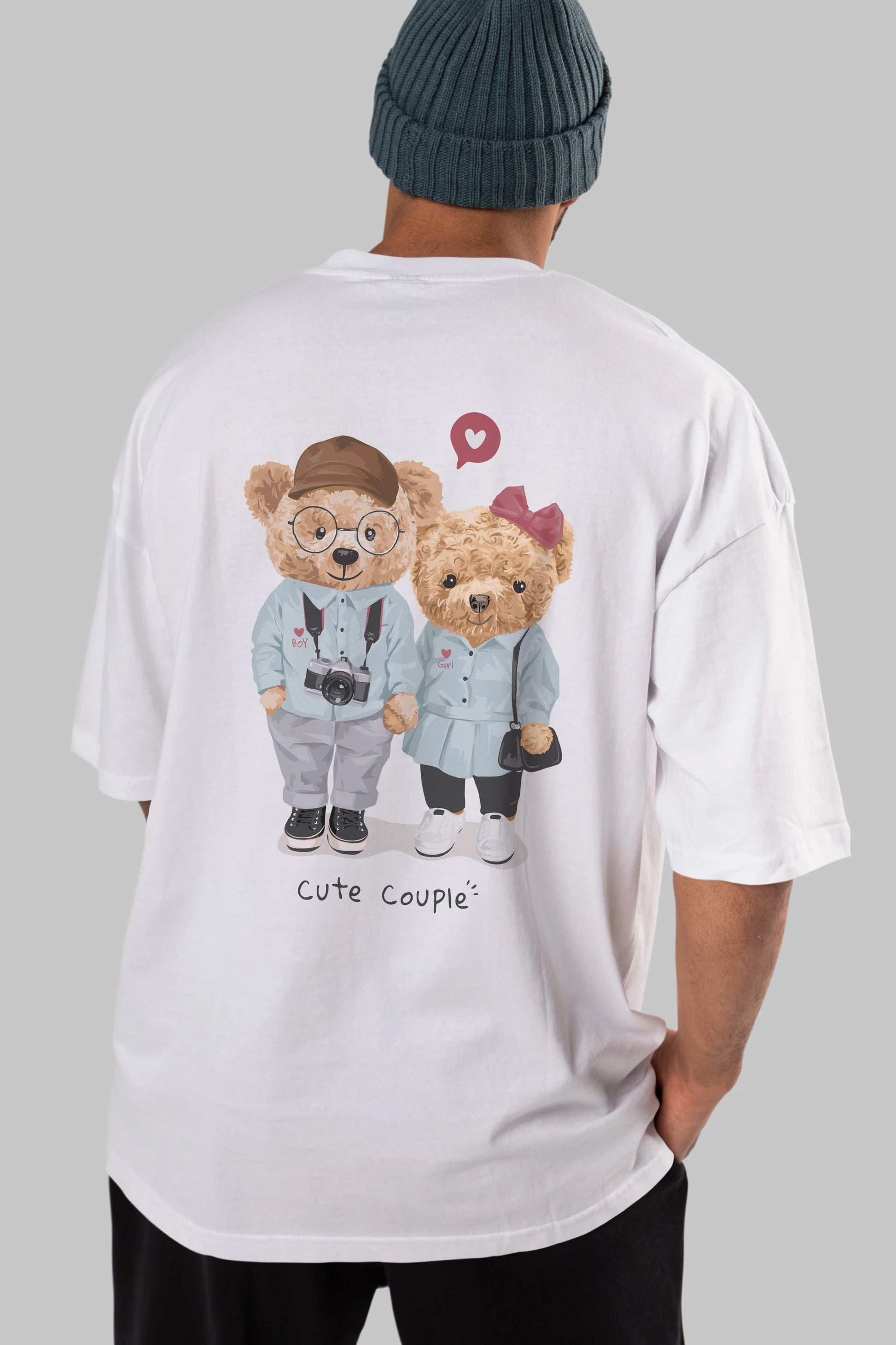 Teddy Bear Cute Couple Arka Baskılı Oversize t-shirt Erkek Kadın Unisex %100 Pamuk