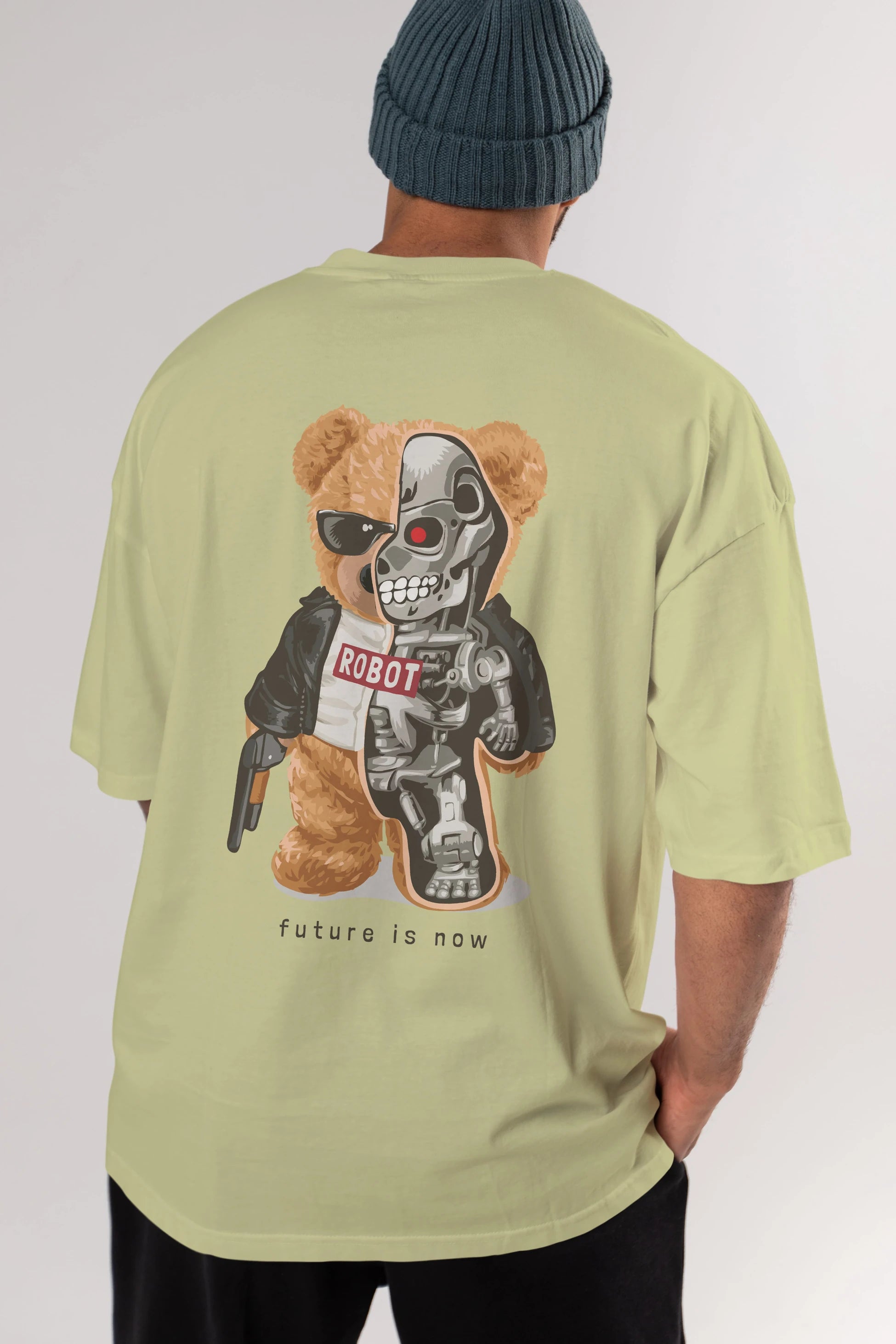 Teddy Bear Robot Arka Baskılı Oversize t-shirt Erkek Kadın Unisex %100 Pamuk