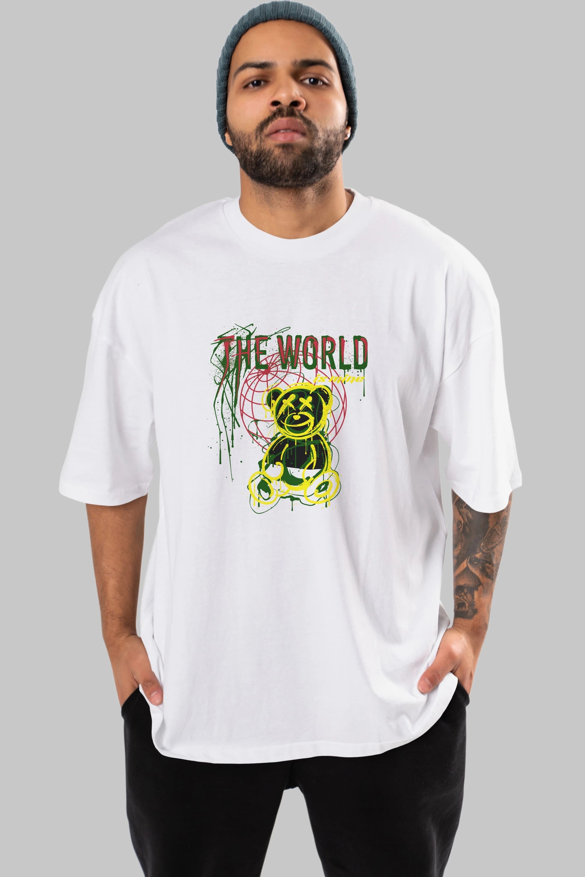 The World is Mine Bear Ön Baskılı Oversize t-shirt Erkek Kadın Unisex
