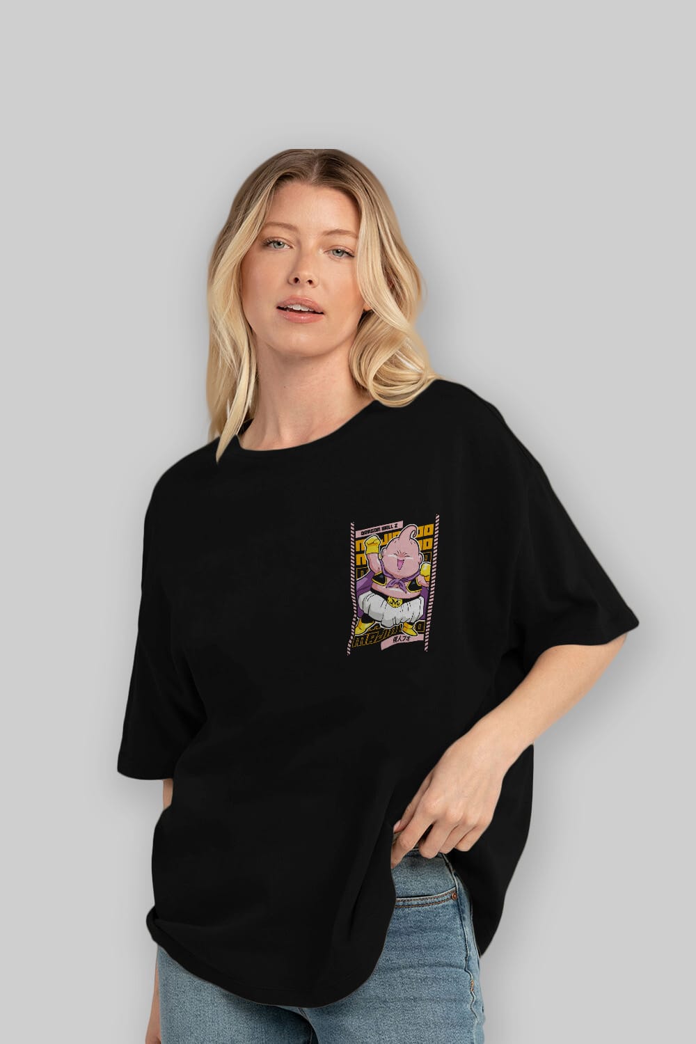 MAJIN BOO1 Ön Sol Baskılı Oversize t-shirt Erkek Kadın Unisex %100 Pamuk Bisiklet Yaka tişort