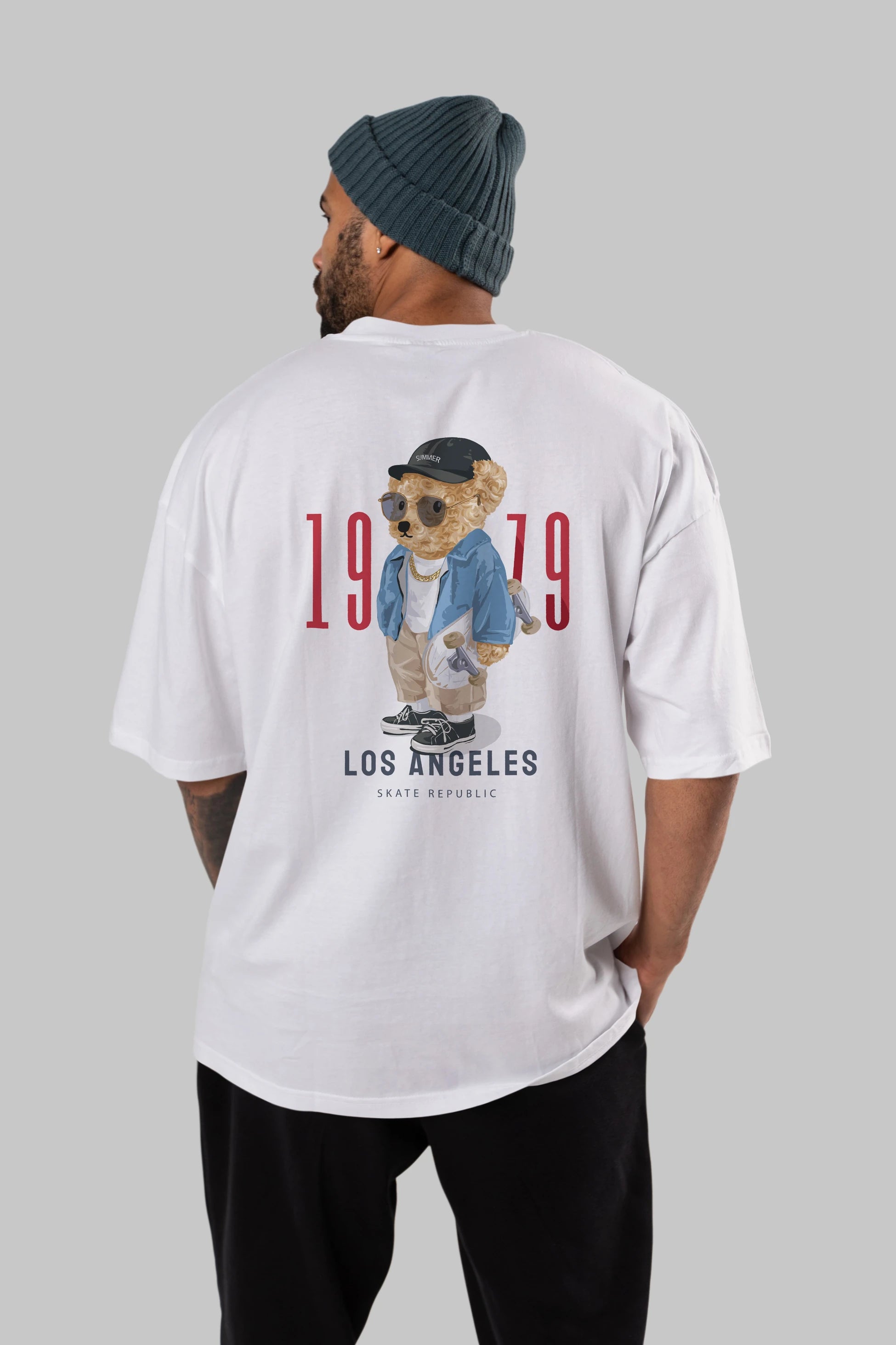 Teddy Bear Los Angeles Arka Baskılı Oversize t-shirt Erkek Kadın Unisex %100 Pamuk