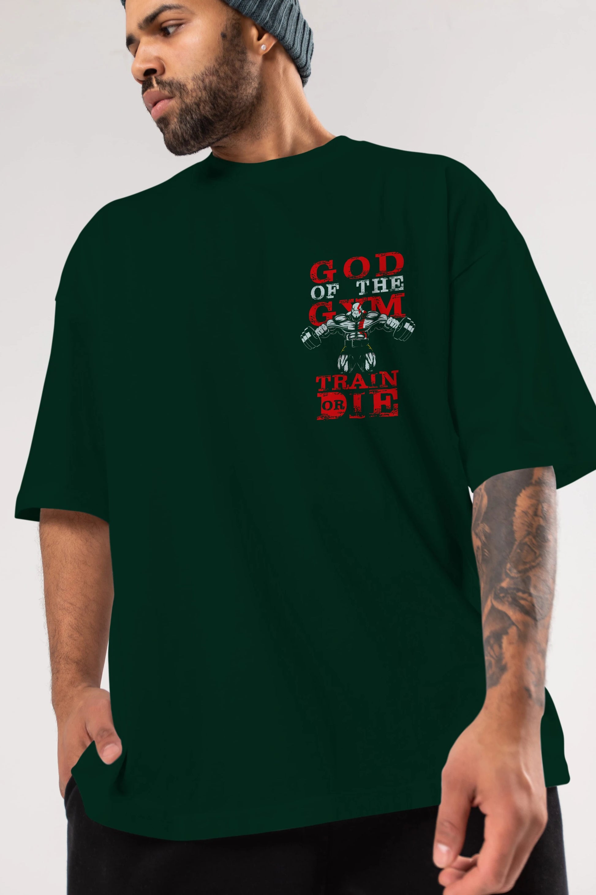 God of The GYM Ön Sol Baskılı Oversize t-shirt Erkek Kadın Unisex %100 Pamuk Bisiklet Yaka tişort