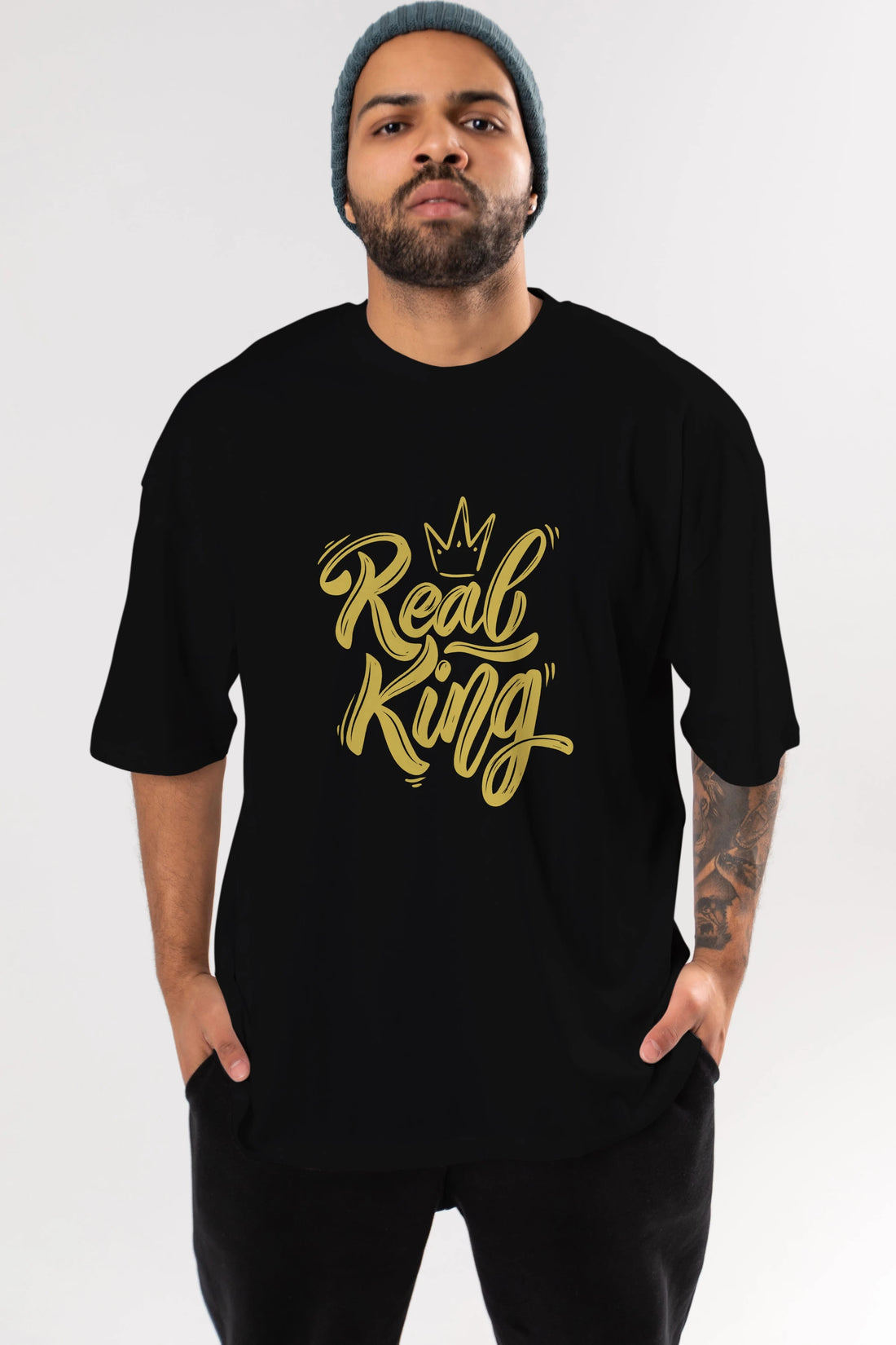 Real King Yazılı Ön Baskılı Oversize t-shirt Erkek Kadın Unisex