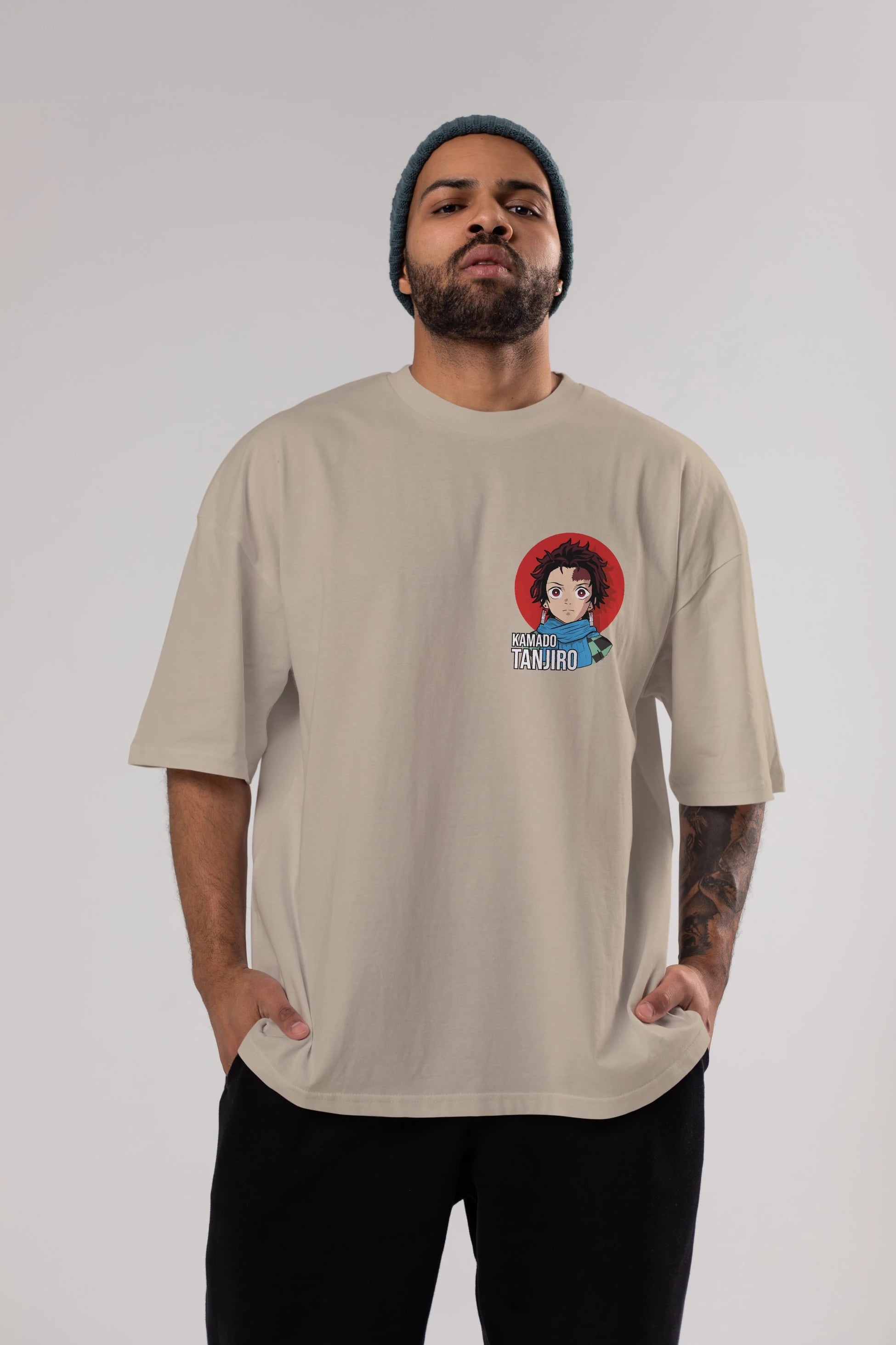 TANJIRO KAMADO Ön Sol Baskılı Oversize t-shirt Erkek Kadın Unisex %100 Pamuk Bisiklet Yaka tişort