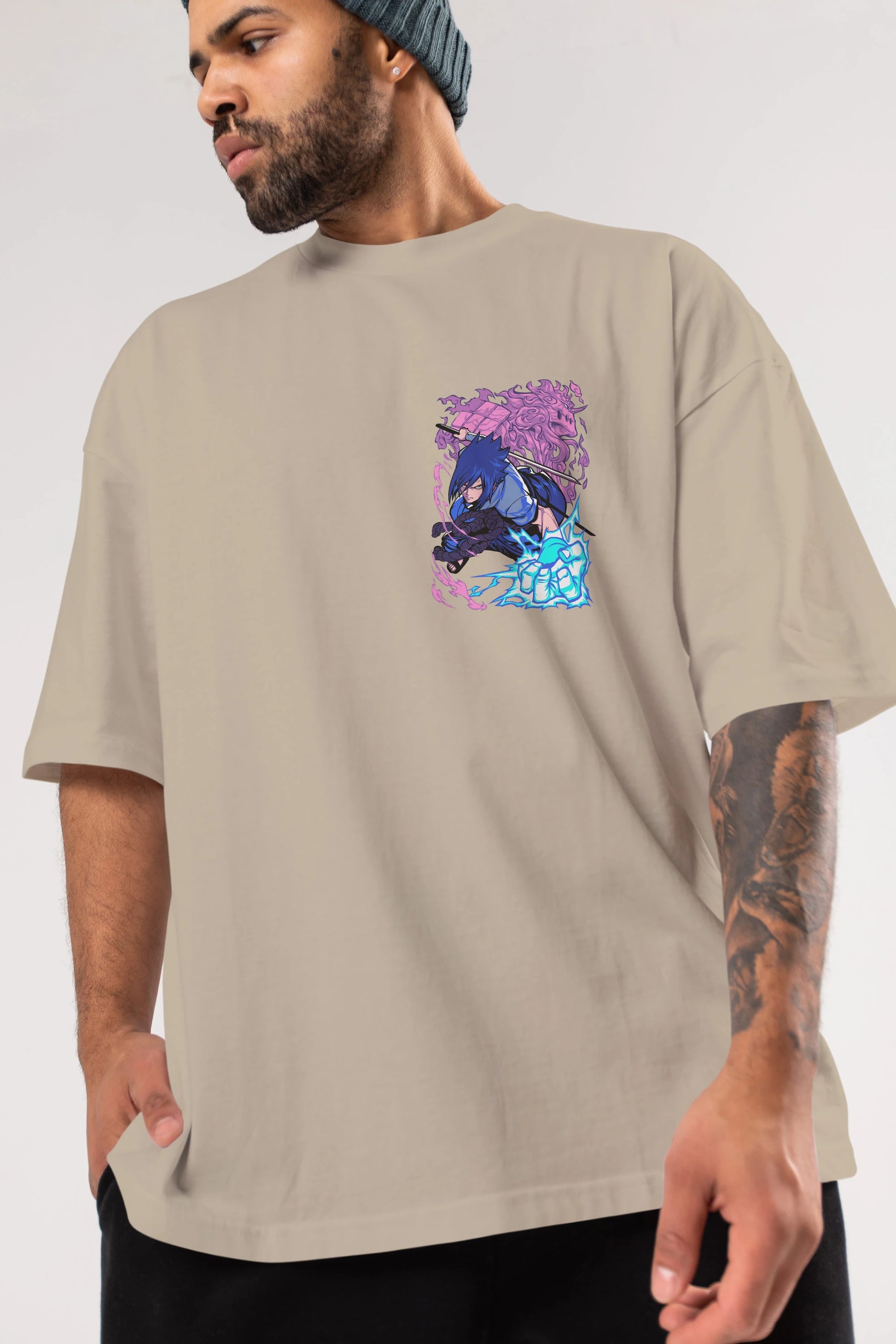 NARUTO SASUKE UCHIHA 2 Ön Sol Baskılı Oversize t-shirt Erkek Kadın Unisex %100 Pamuk Bisiklet Yaka tişort