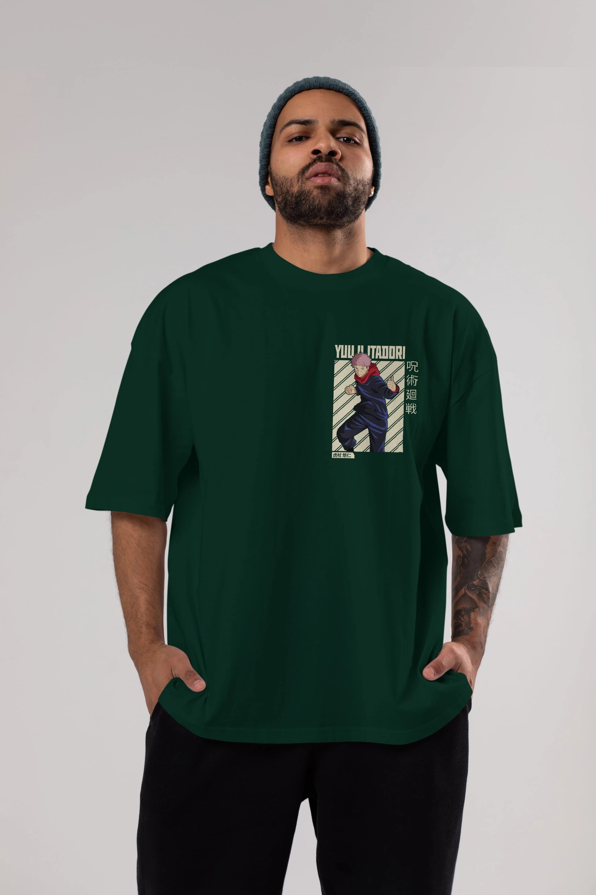 Yuuji Itadori 1 Ön Sol Baskılı Oversize t-shirt Erkek Kadın Unisex %100 Pamuk Bisiklet Yaka tişort