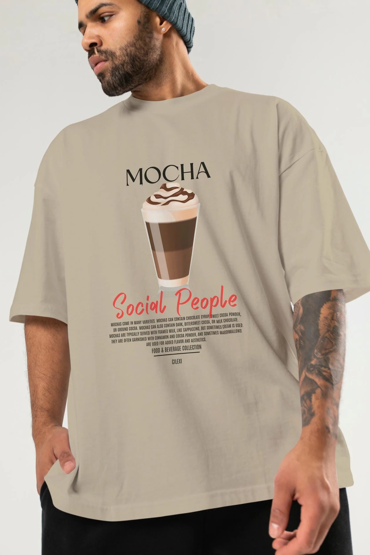Mocha Kokteyl Serisi ön Baskılı Oversize t-shirt Erkek Kadın %100 Pamuk Bisiklet Yaka tişort