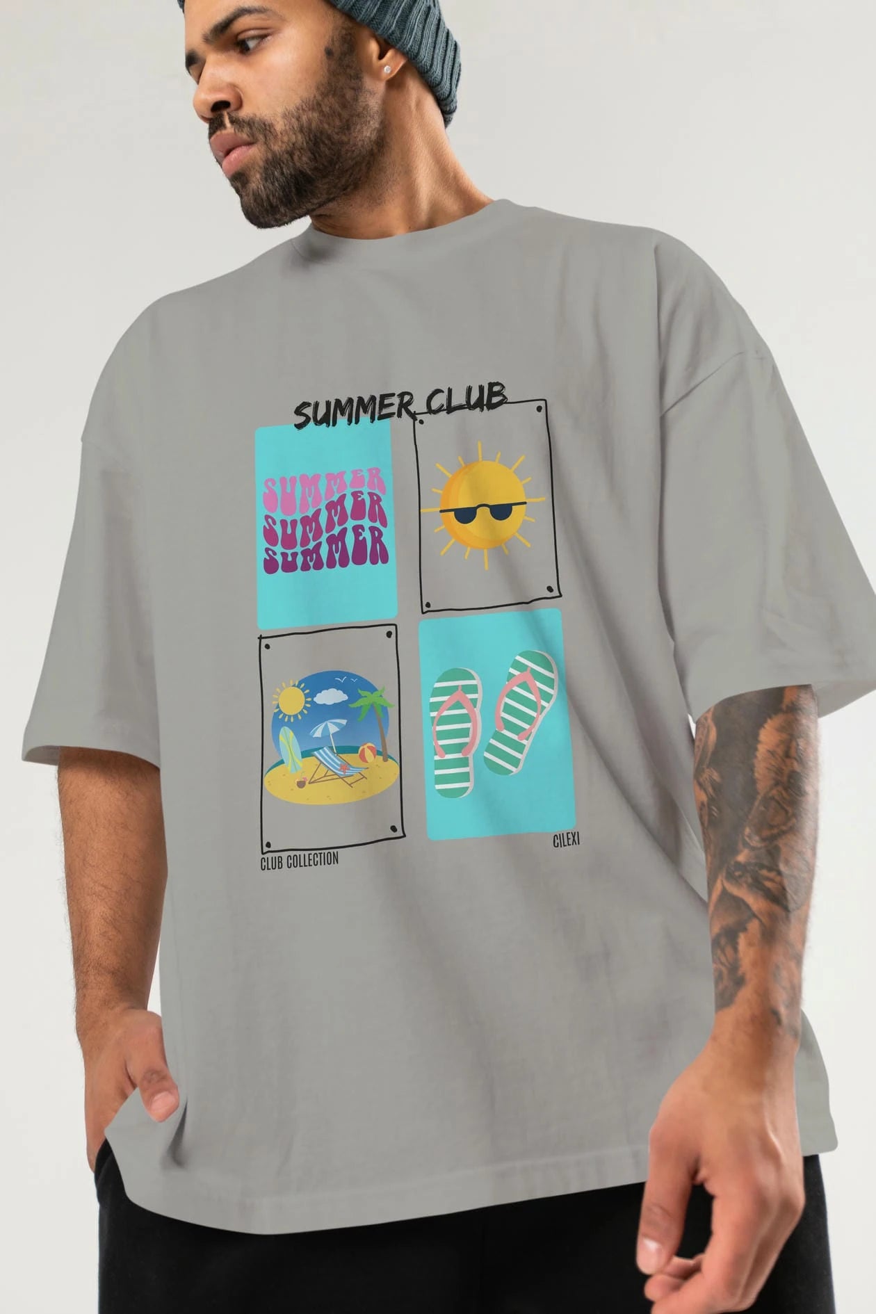 Summer Club ön Baskılı Oversize t-shirt Erkek Kadın %100 Pamuk Bisiklet Yaka tişort