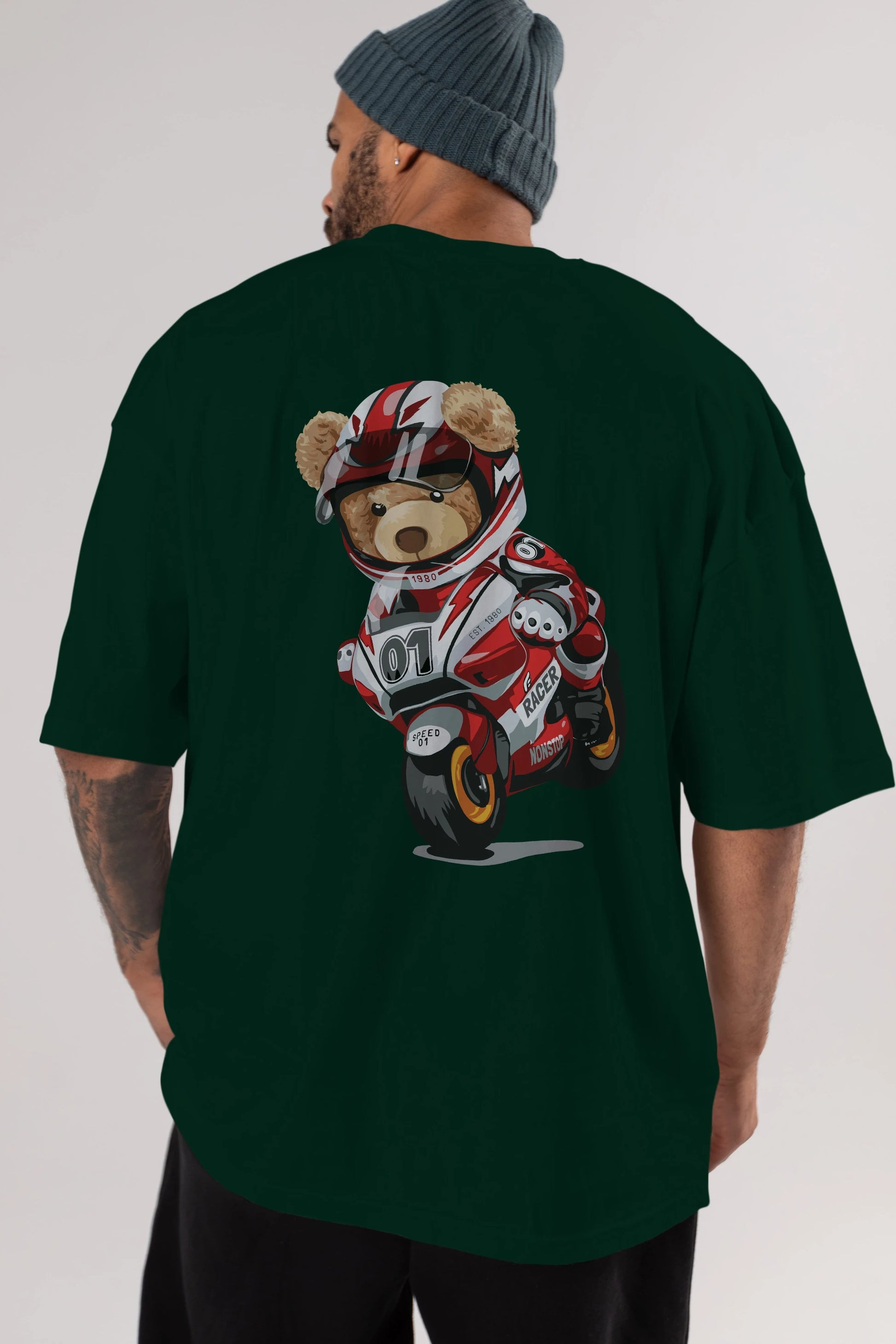 Teddy Bear Racer Arka Baskılı Oversize t-shirt Erkek Kadın Unisex %100 Pamuk
