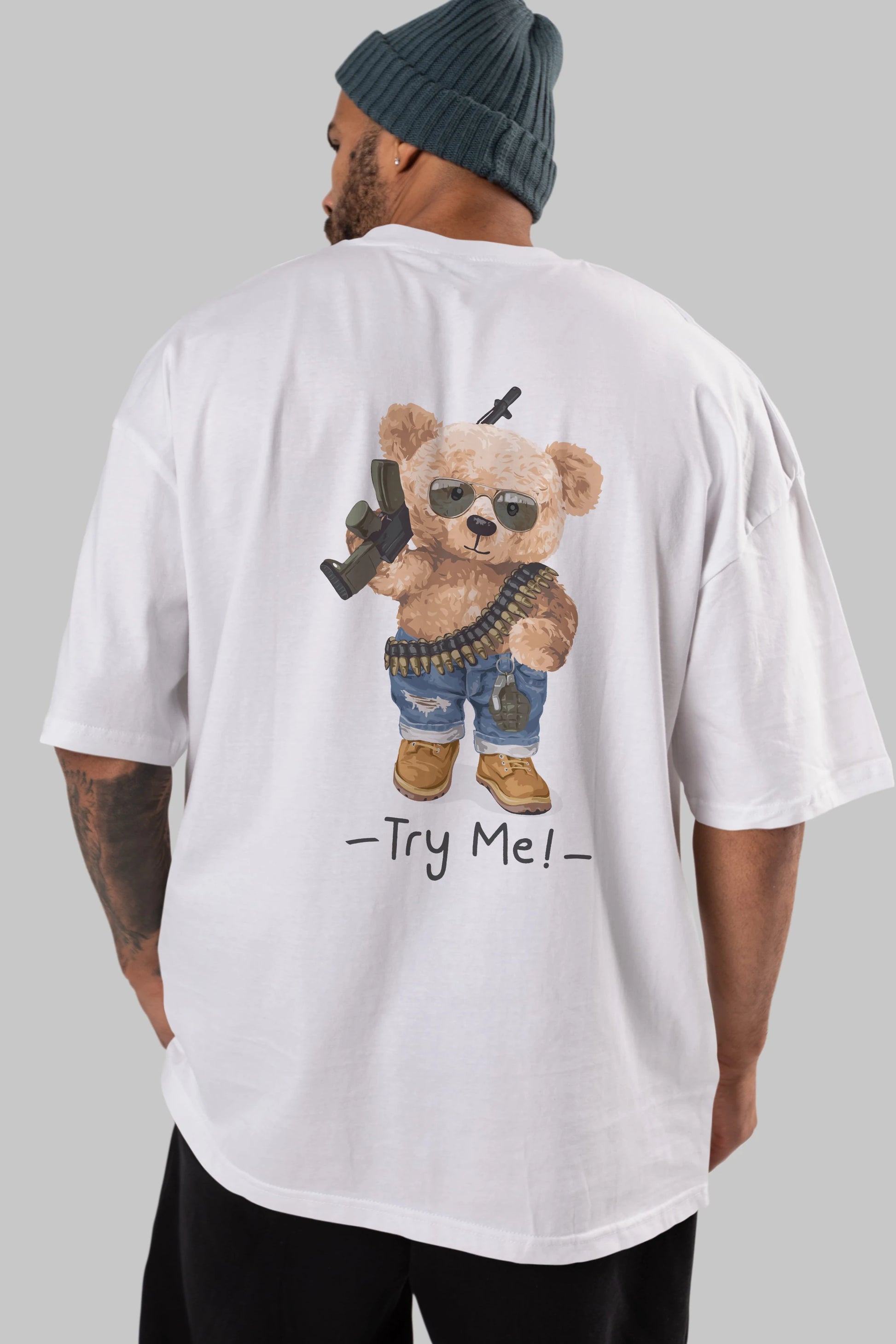 Teddy Bear Try Me Arka Baskılı Oversize t-shirt Erkek Kadın Unisex %100 Pamuk