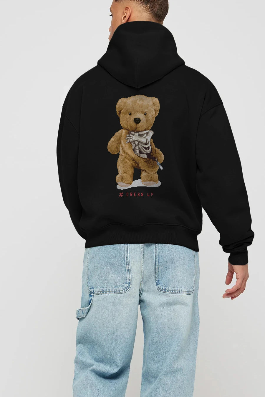Teddy Bear Dress Up Arka Baskılı Hoodie Oversize Kapüşonlu Sweatshirt Erkek Kadın Unisex