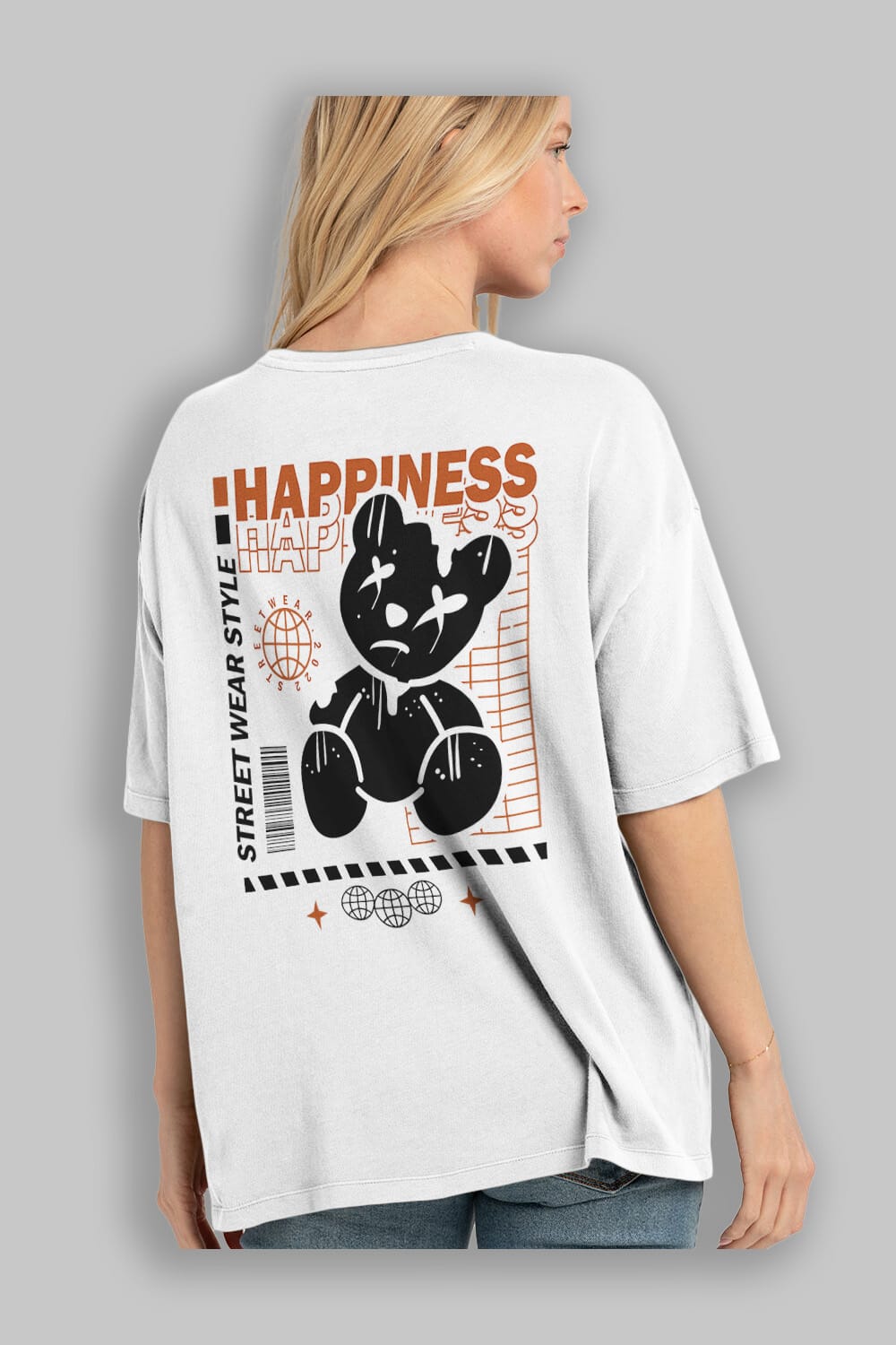 Happiness Bear 2 Arka Baskılı Oversize t-shirt Erkek Kadın Unisex