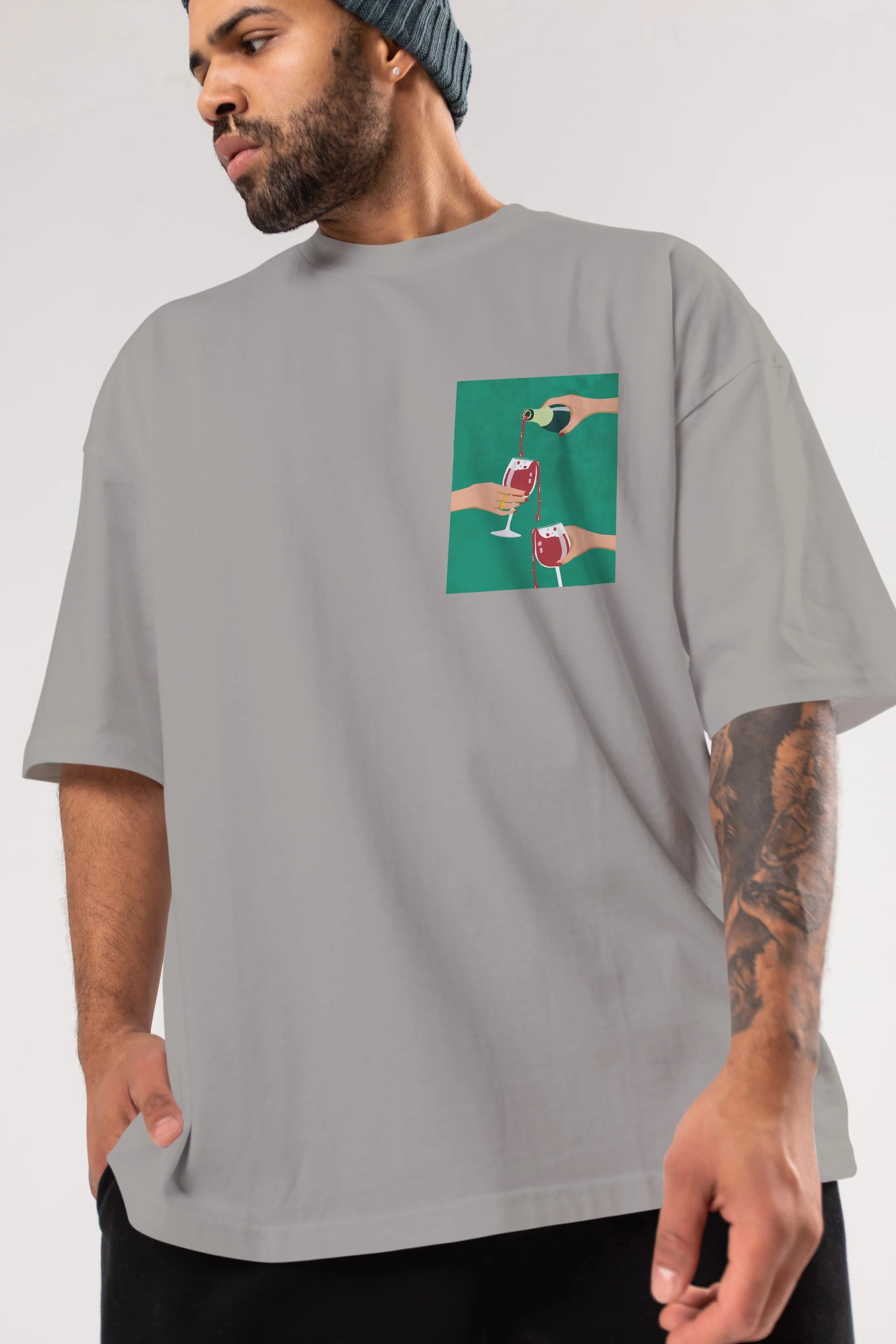 Wine 2 Ön Sol Baskılı Oversize t-shirt Erkek Kadın Unisex %100 Pamuk Bisiklet Yaka tişort