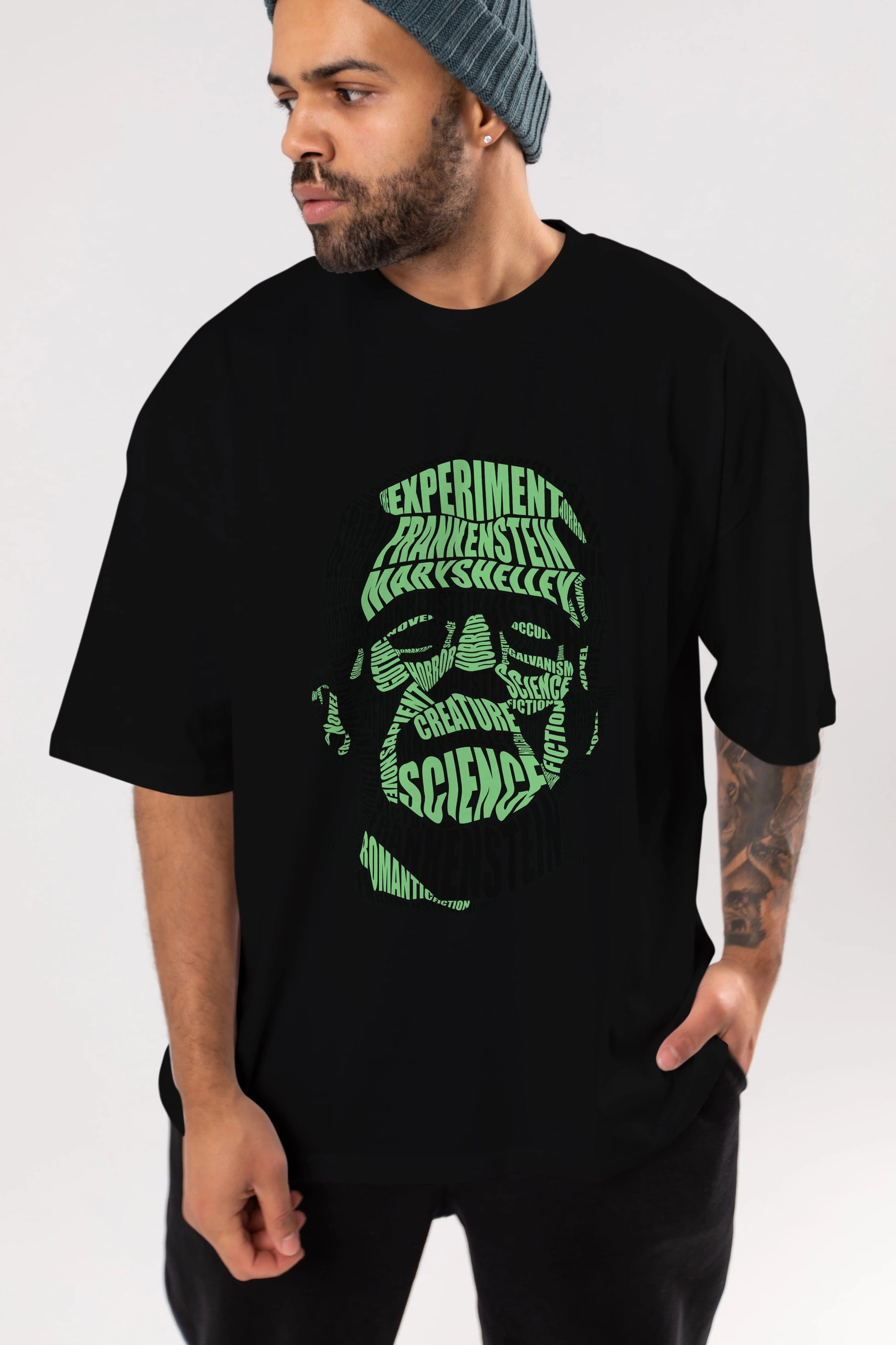 Frankenstein Calligram Ön Baskılı Oversize t-shirt %100 pamuk Erkek Kadın Unisex