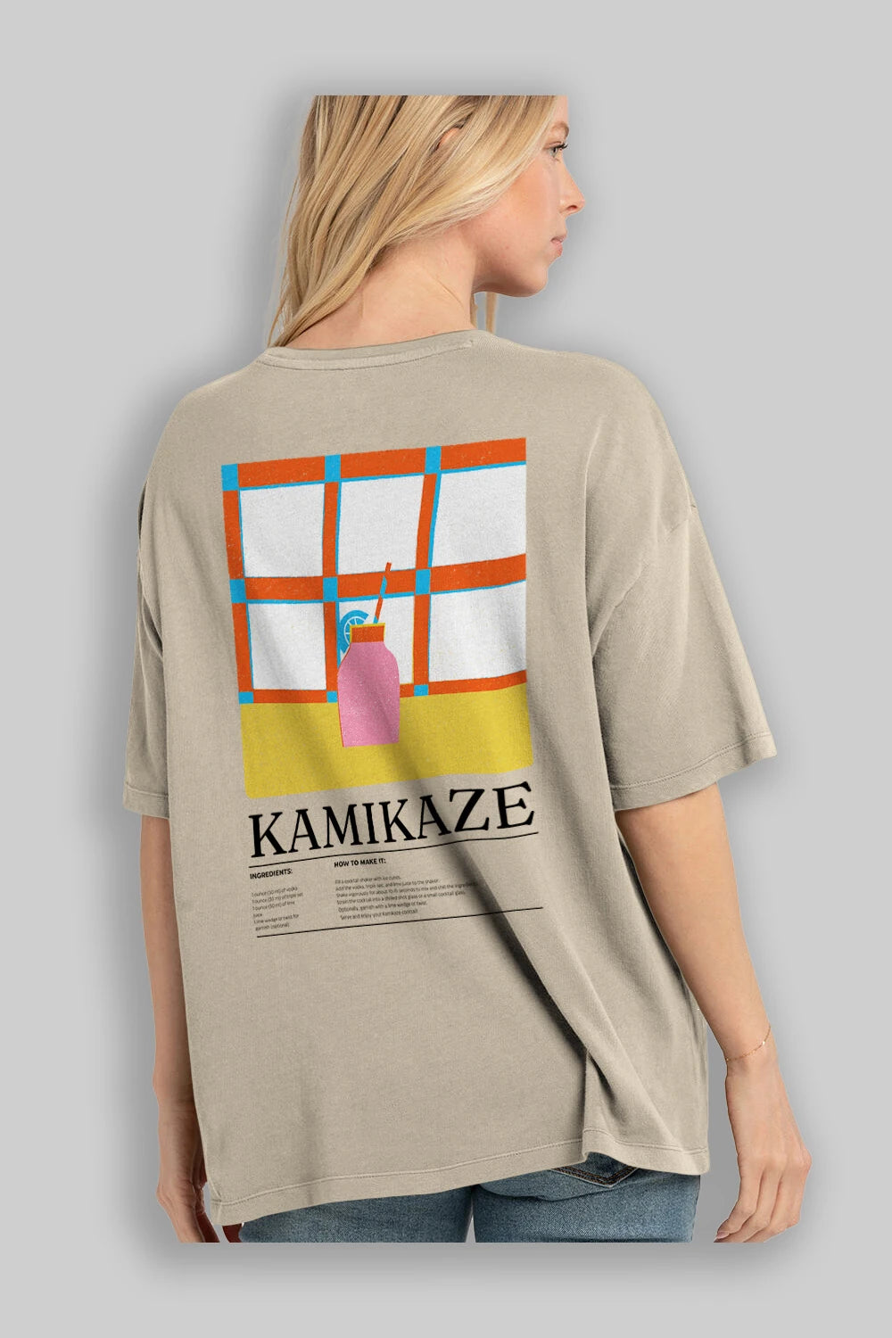 Kamikaze Kokteyl Serisi Arka Baskılı Oversize t-shirt Erkek Kadın %100 Pamuk Bisiklet Yaka tişort