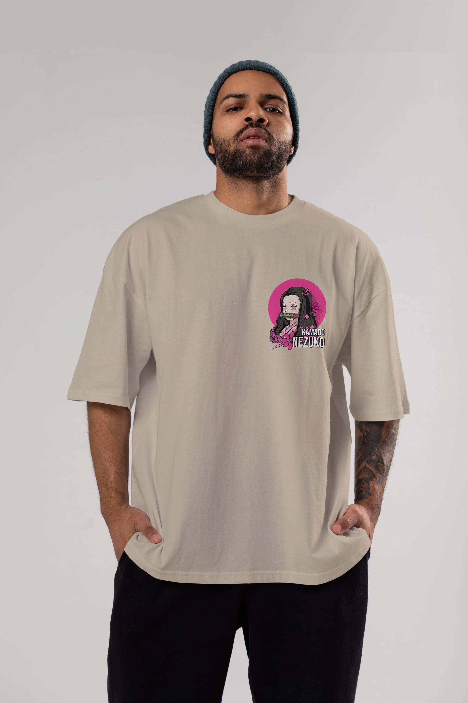 Nezuko Kamado 2 Ön Sol Baskılı Oversize t-shirt Erkek Kadın Unisex %100 Pamuk Bisiklet Yaka tişort