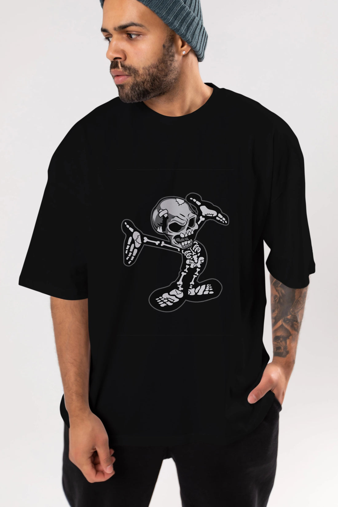 Skull Skeleton Ön Baskılı Oversize t-shirt Erkek Kadın Unisex %100 Pamuk tişort