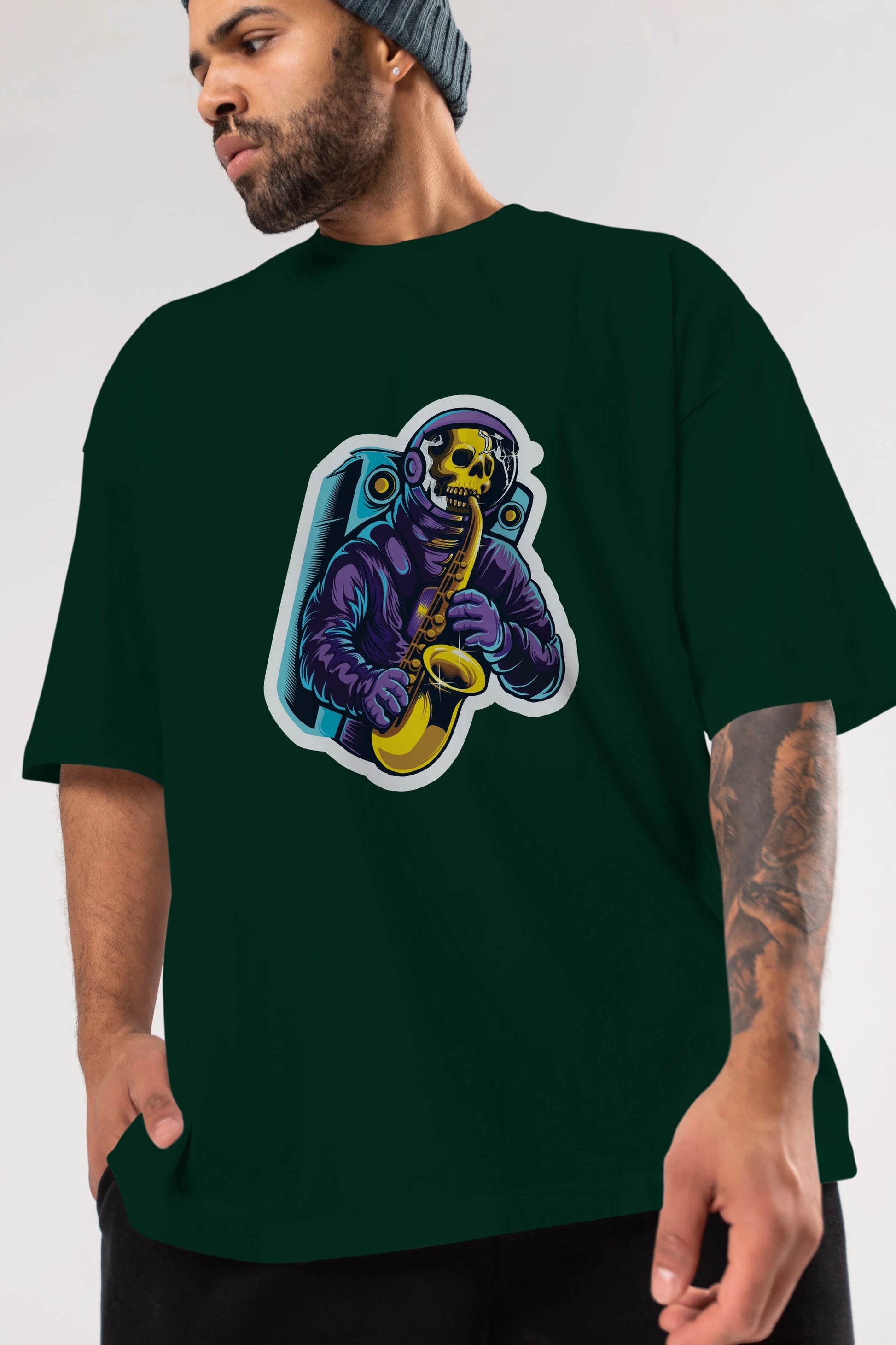 Astroskull Saxophonist Sticker Ön Baskılı Oversize t-shirt Erkek Kadın Unisex