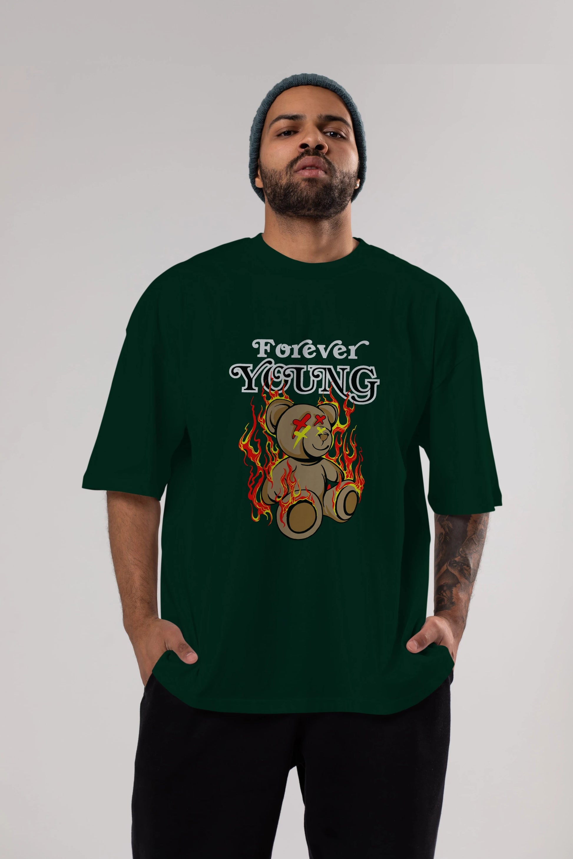 Forever Young Bear Ön Baskılı Oversize t-shirt Erkek Kadın Unisex
