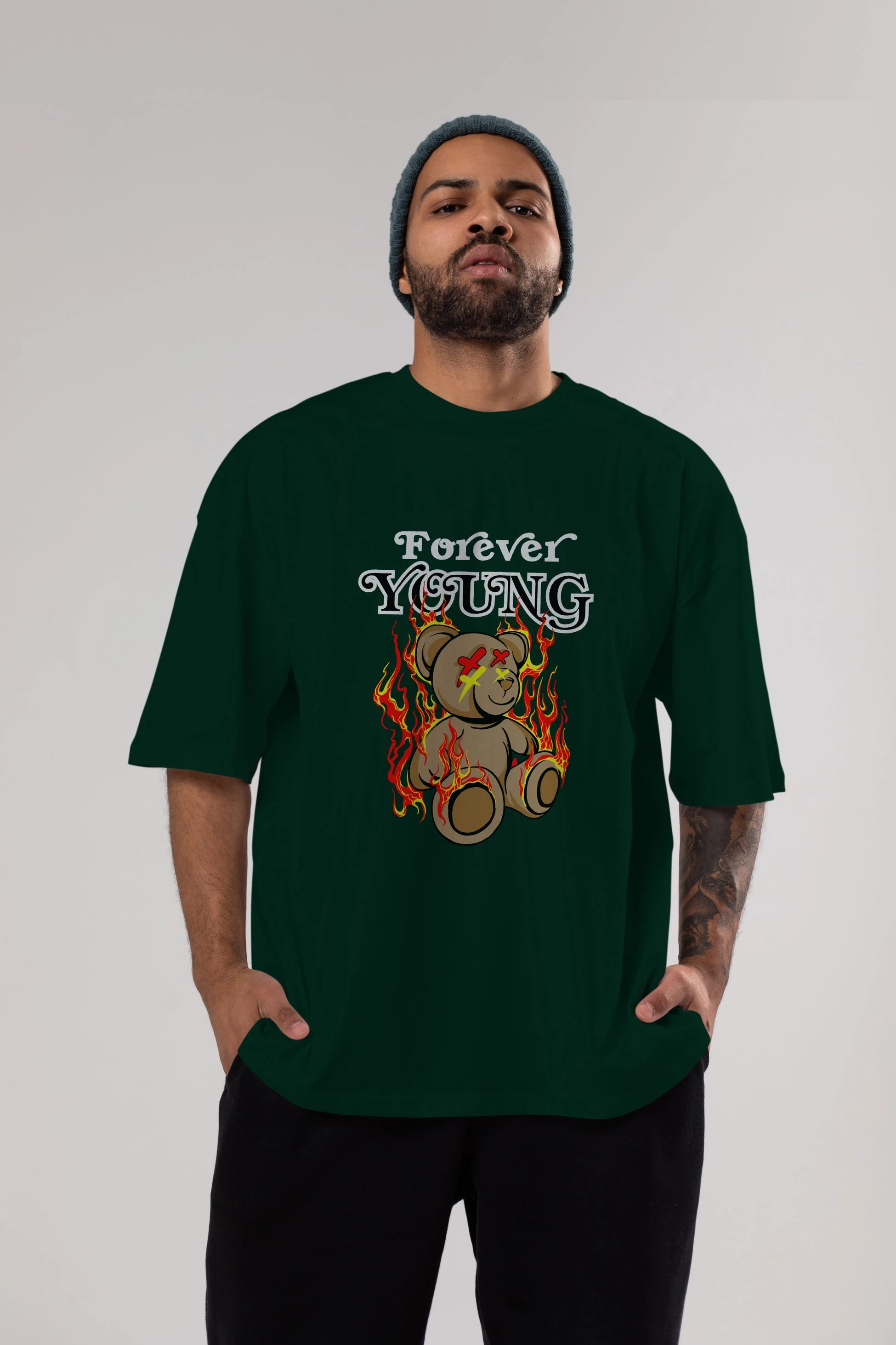 Forever Young Bear Ön Baskılı Oversize t-shirt Erkek Kadın Unisex