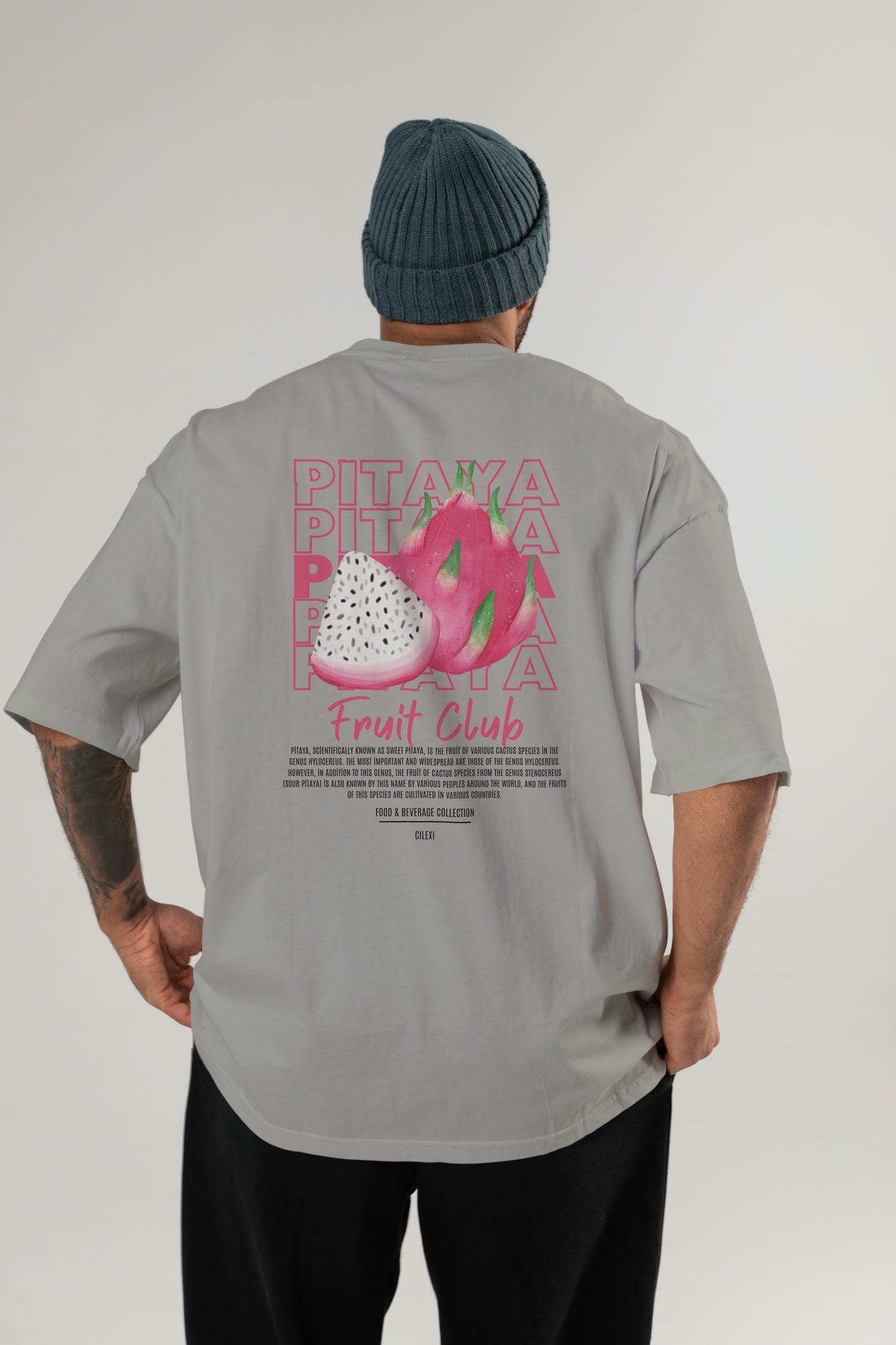 Pitaya Arka Baskılı Oversize t-shirt Erkek Kadın Pamuk Bisiklet Yaka tişort