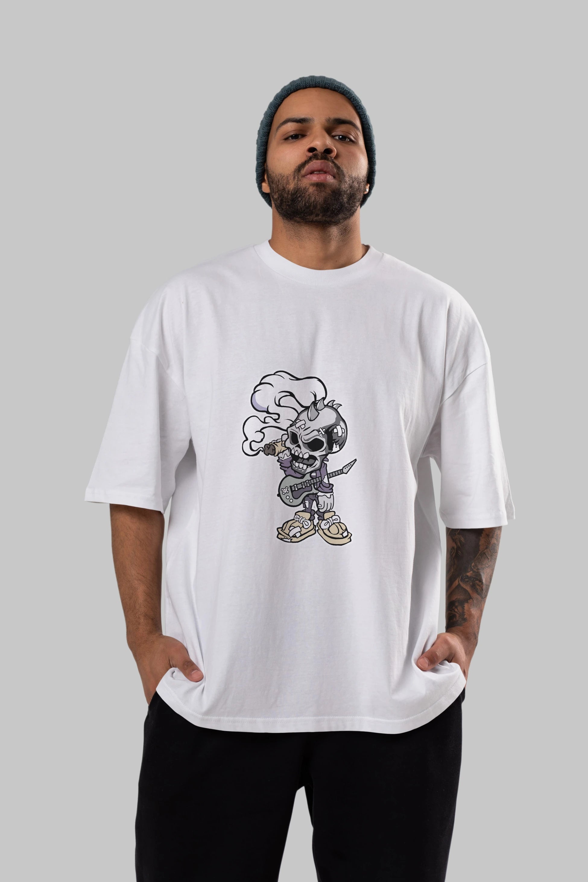 Skull Smoker Punk Rocker Ön Baskılı Oversize t-shirt Erkek Kadın Unisex %100 Pamuk tişort
