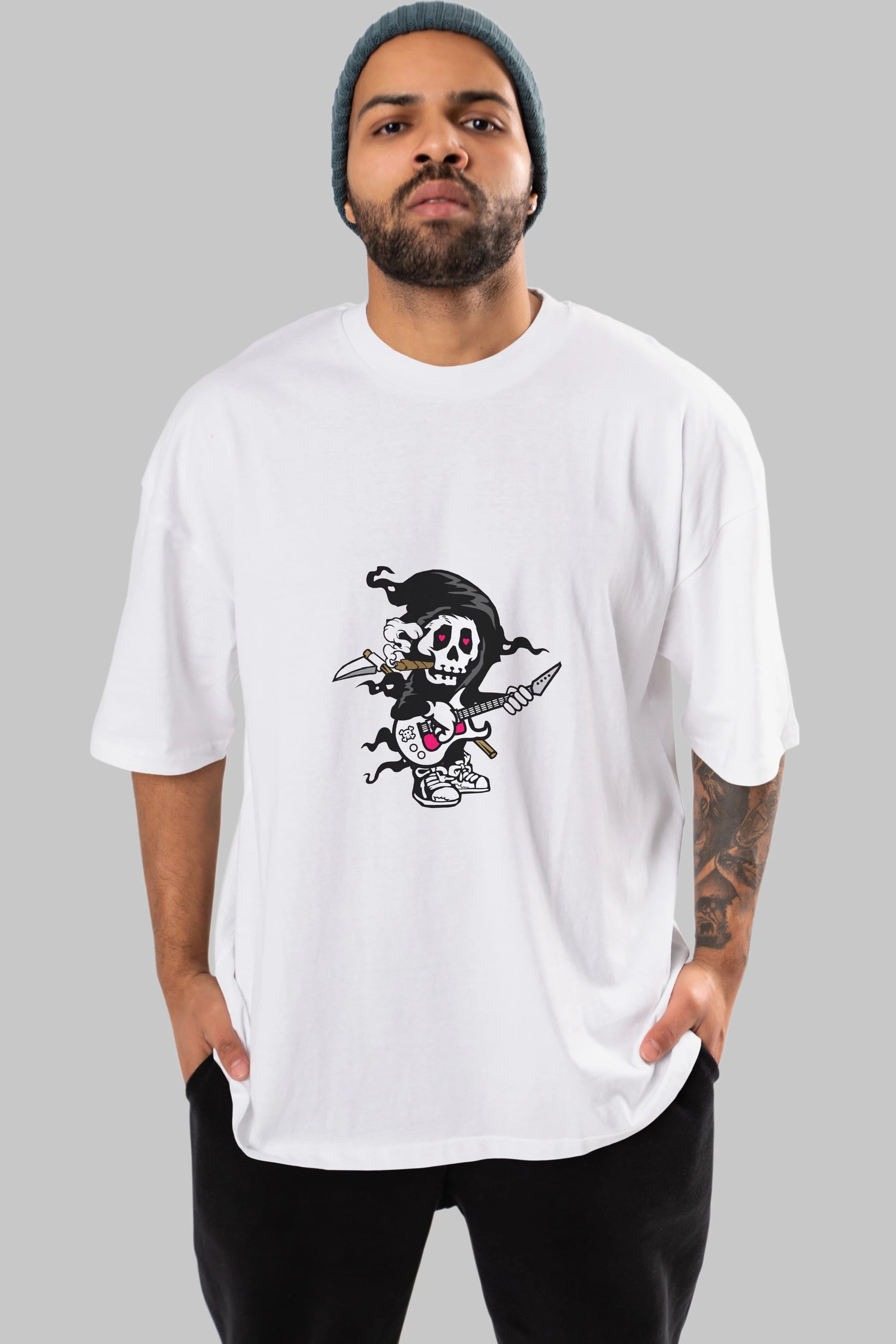Grim Rockstar Ön Baskılı Oversize t-shirt Erkek Kadın Unisex %100 Pamuk tişort