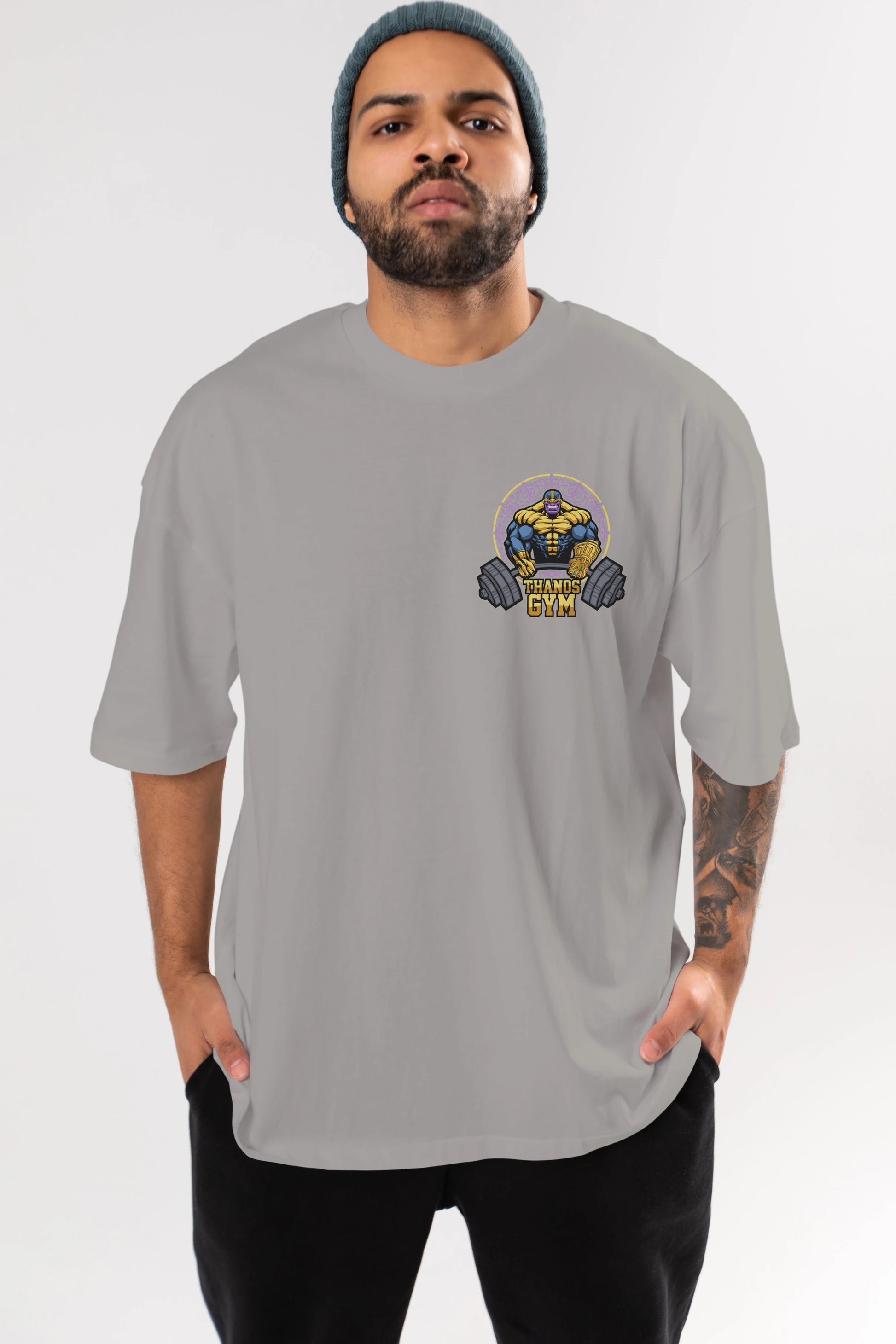 Thanos GYM Ön Sol Baskılı Oversize t-shirt Erkek Kadın Unisex %100 Pamuk Bisiklet Yaka tişort