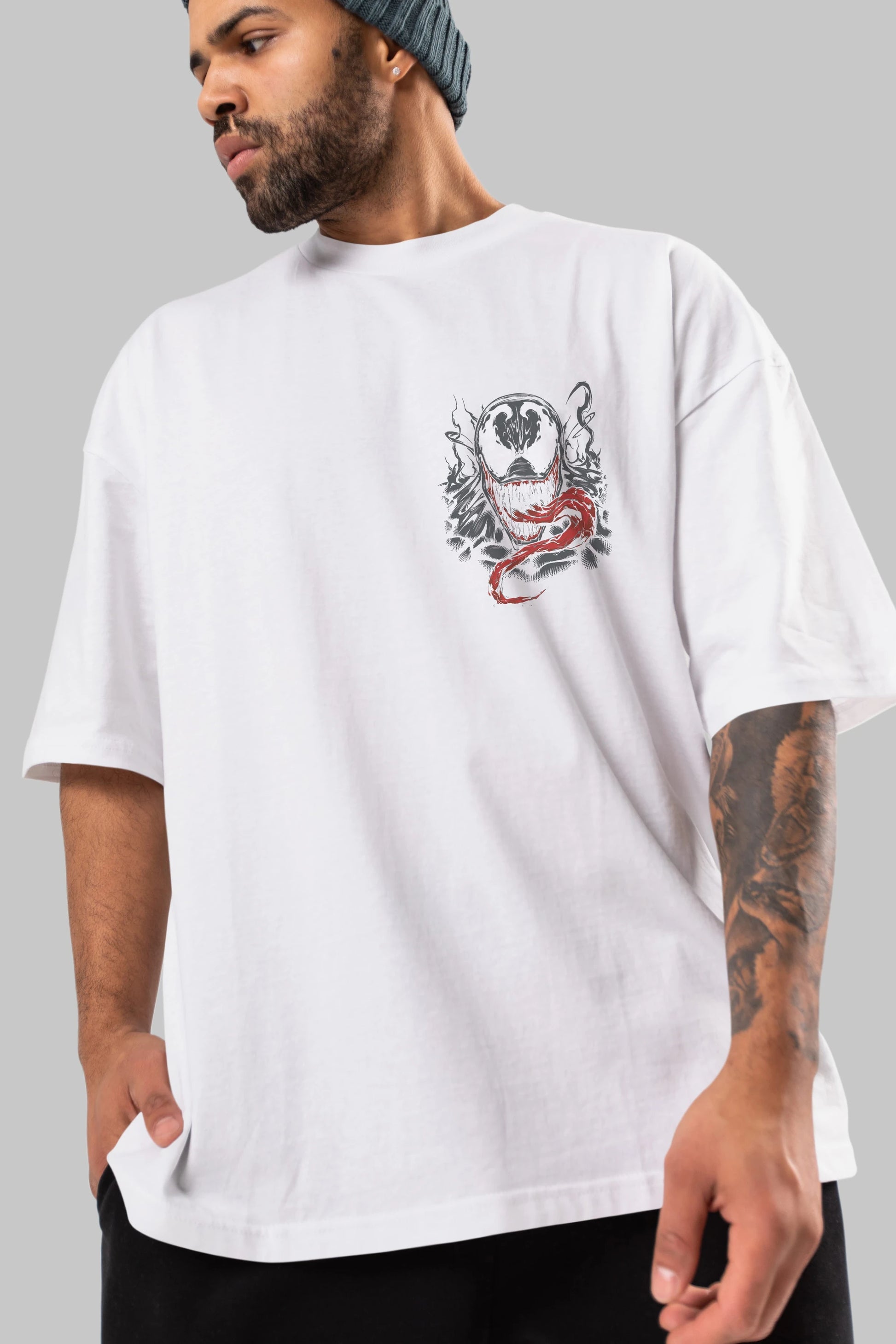 Venom (18) Ön Sol Baskılı Oversize t-shirt Erkek Kadın Unisex %100 Pamuk Bisiklet Yaka tişort