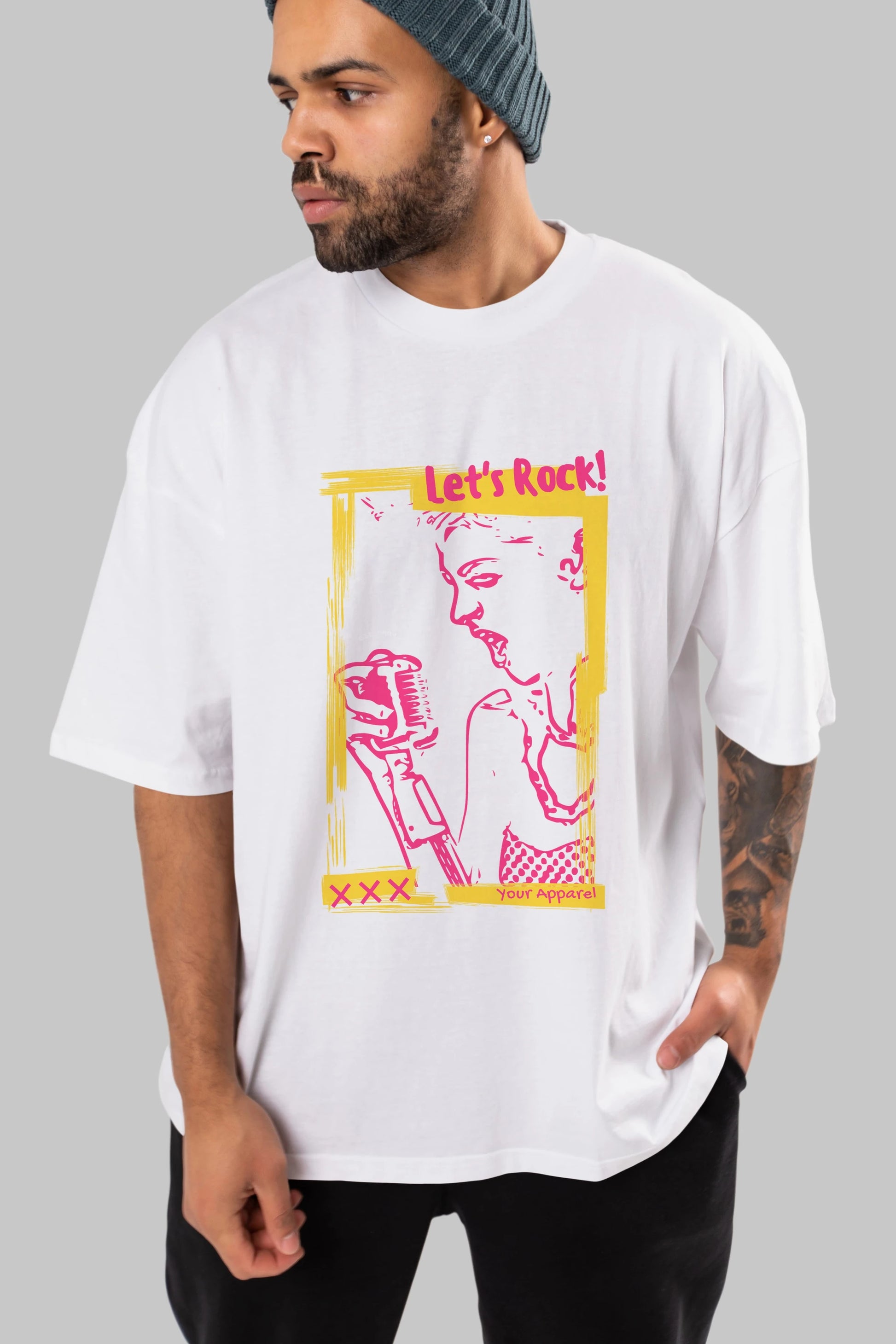 Let's Rock Yazılı Ön Baskılı Oversize t-shirt Erkek Kadın Unisex