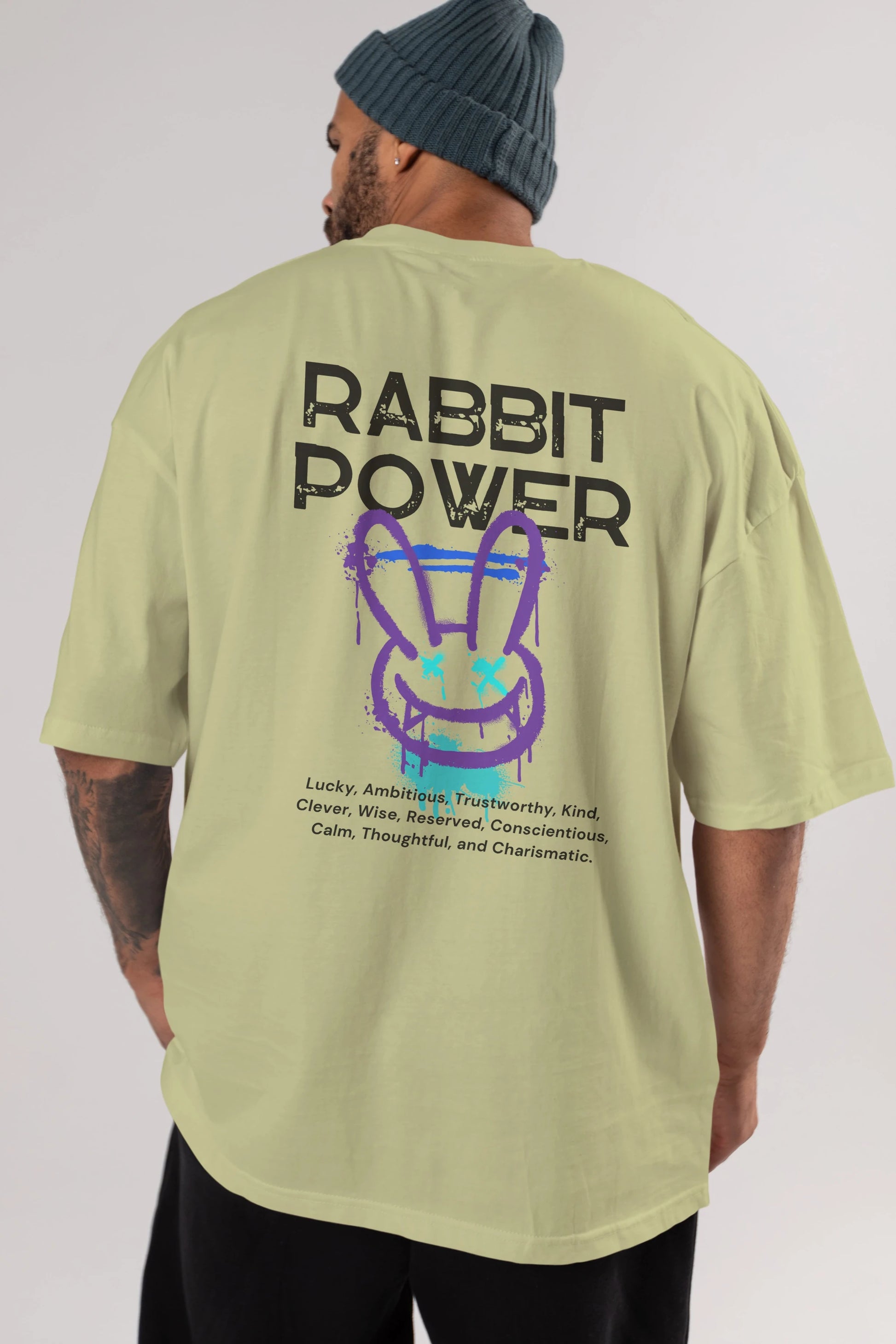 Rabbit Power Yazılı Arka Baskılı Oversize t-shirt Erkek Kadın Unisex