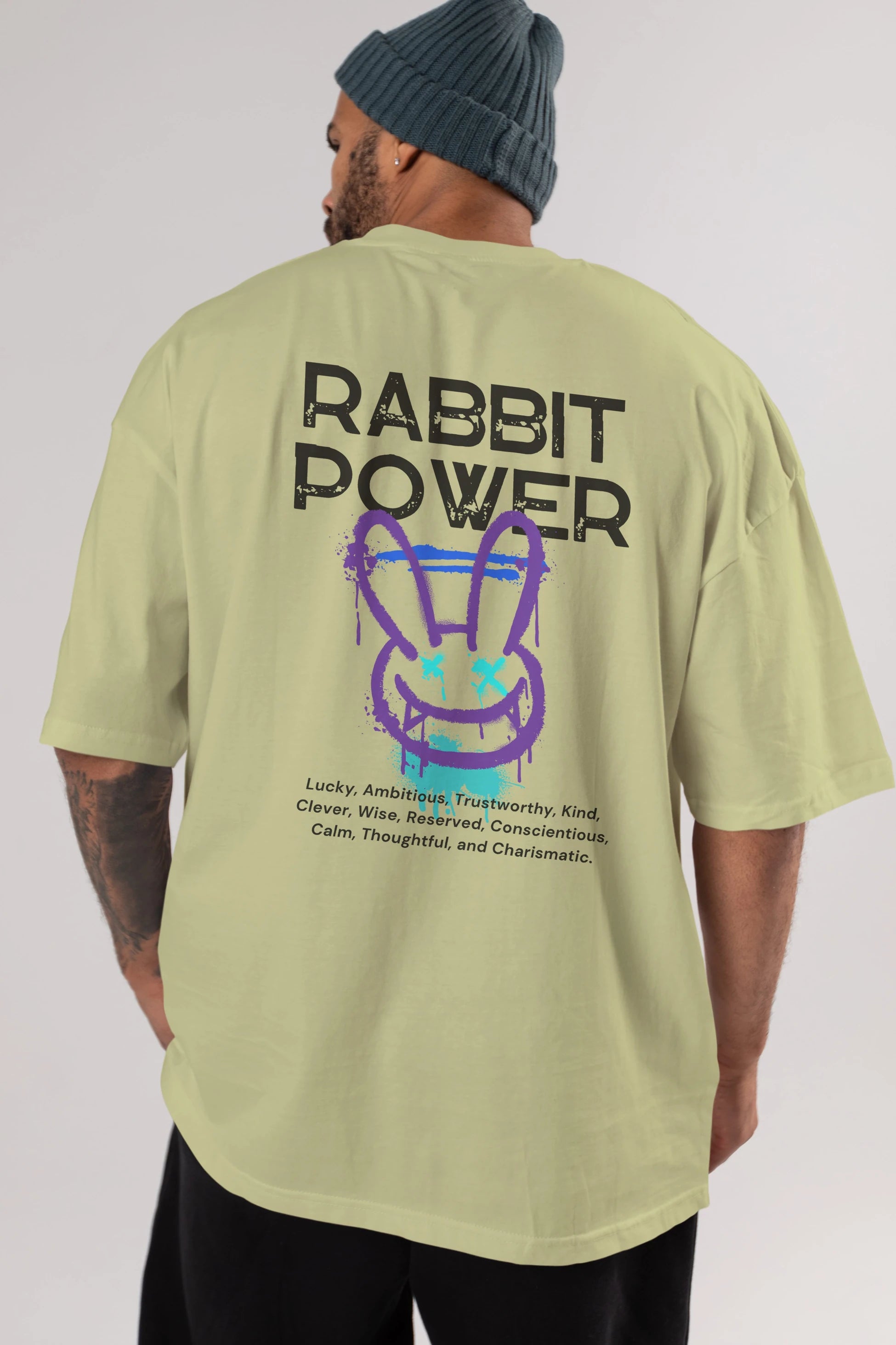 Rabbit Power Yazılı Arka Baskılı Oversize t-shirt Erkek Kadın Unisex